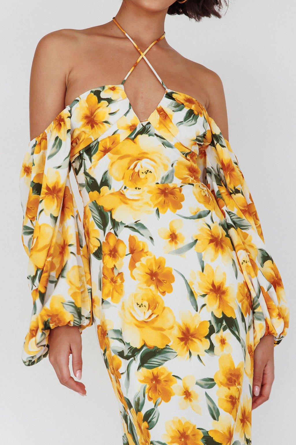Nyree Long Sleeve Midi Dress Flowers Yellow by Selfie Leslie Australia