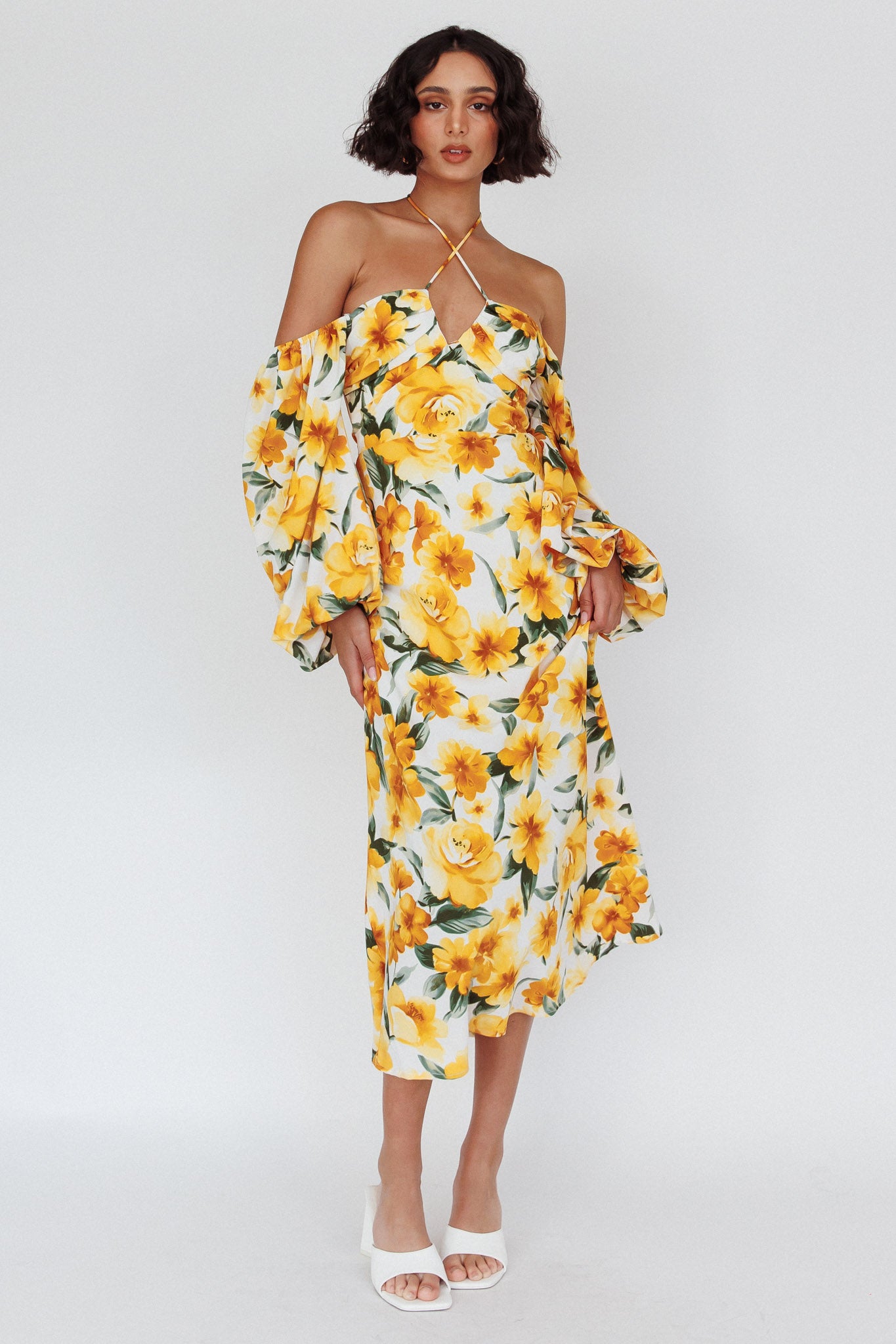 Nyree Long Sleeve Midi Dress Flowers Yellow by Selfie Leslie Australia