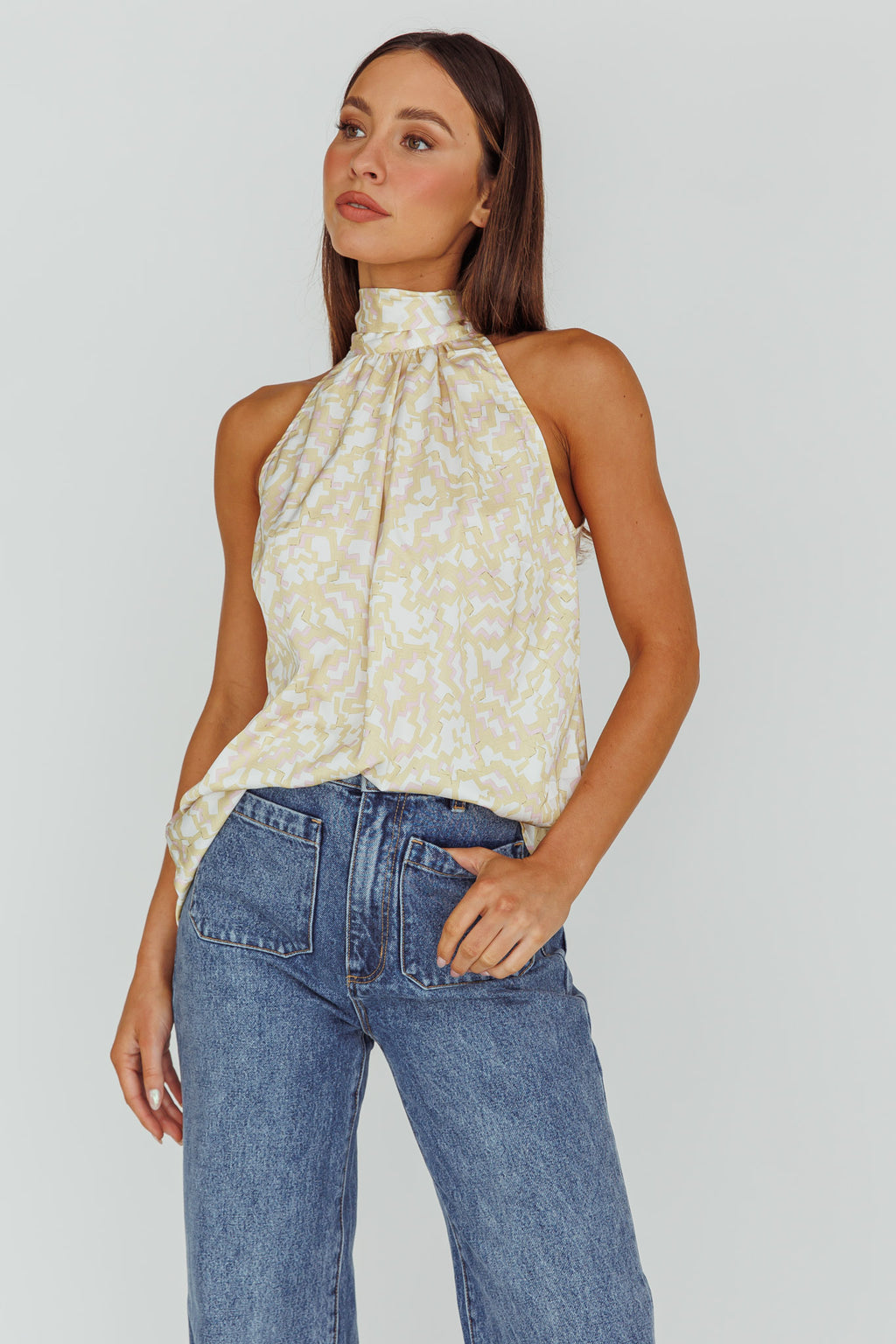 Calisto Sleeveless Tied Neck Top Geometric Yellow by Selfie Leslie Australia
