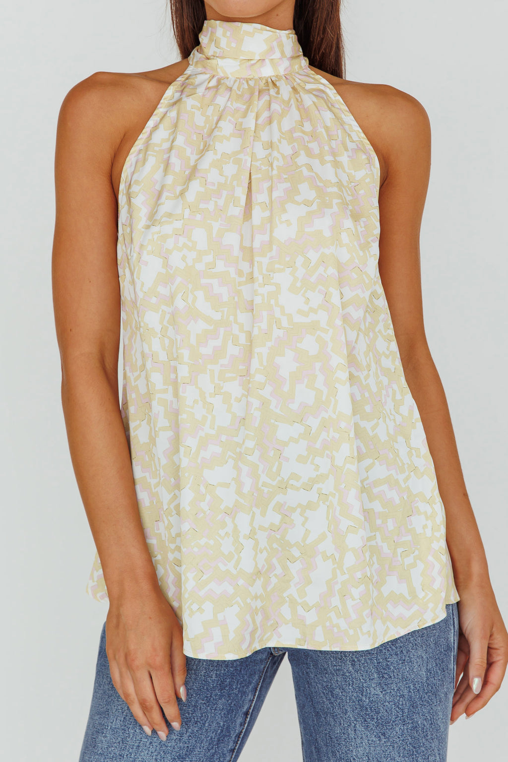 Calisto Sleeveless Tied Neck Top Geometric Yellow by Selfie Leslie Australia