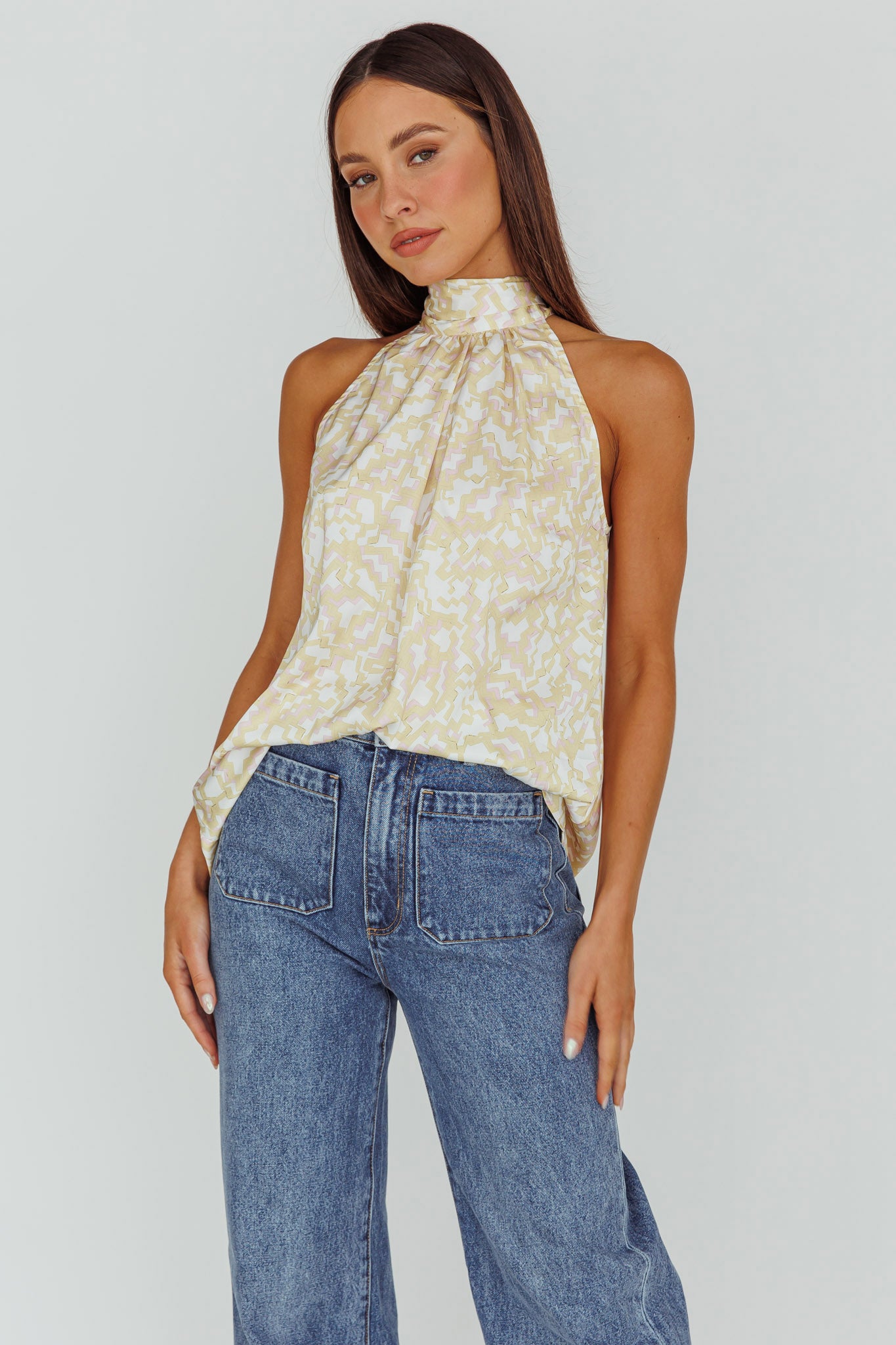 Calisto Sleeveless Tied Neck Top Geometric Yellow by Selfie Leslie Australia