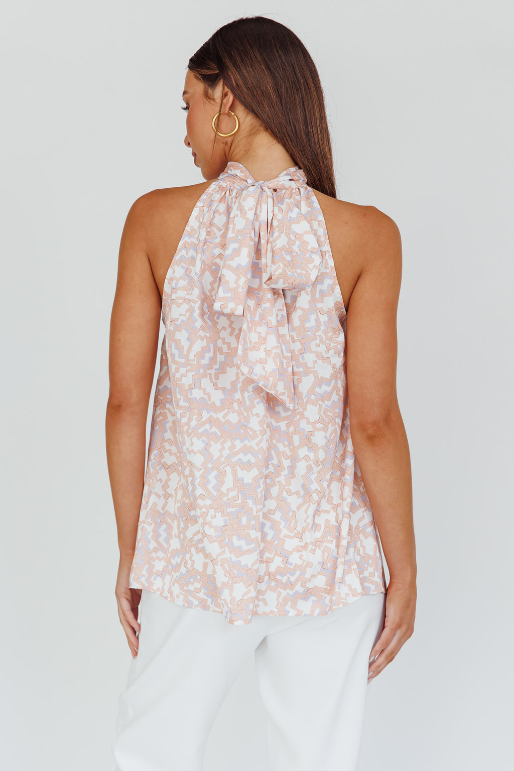 Calisto Sleeveless Tied Neck Top Geometric Apricot by Selfie Leslie Australia