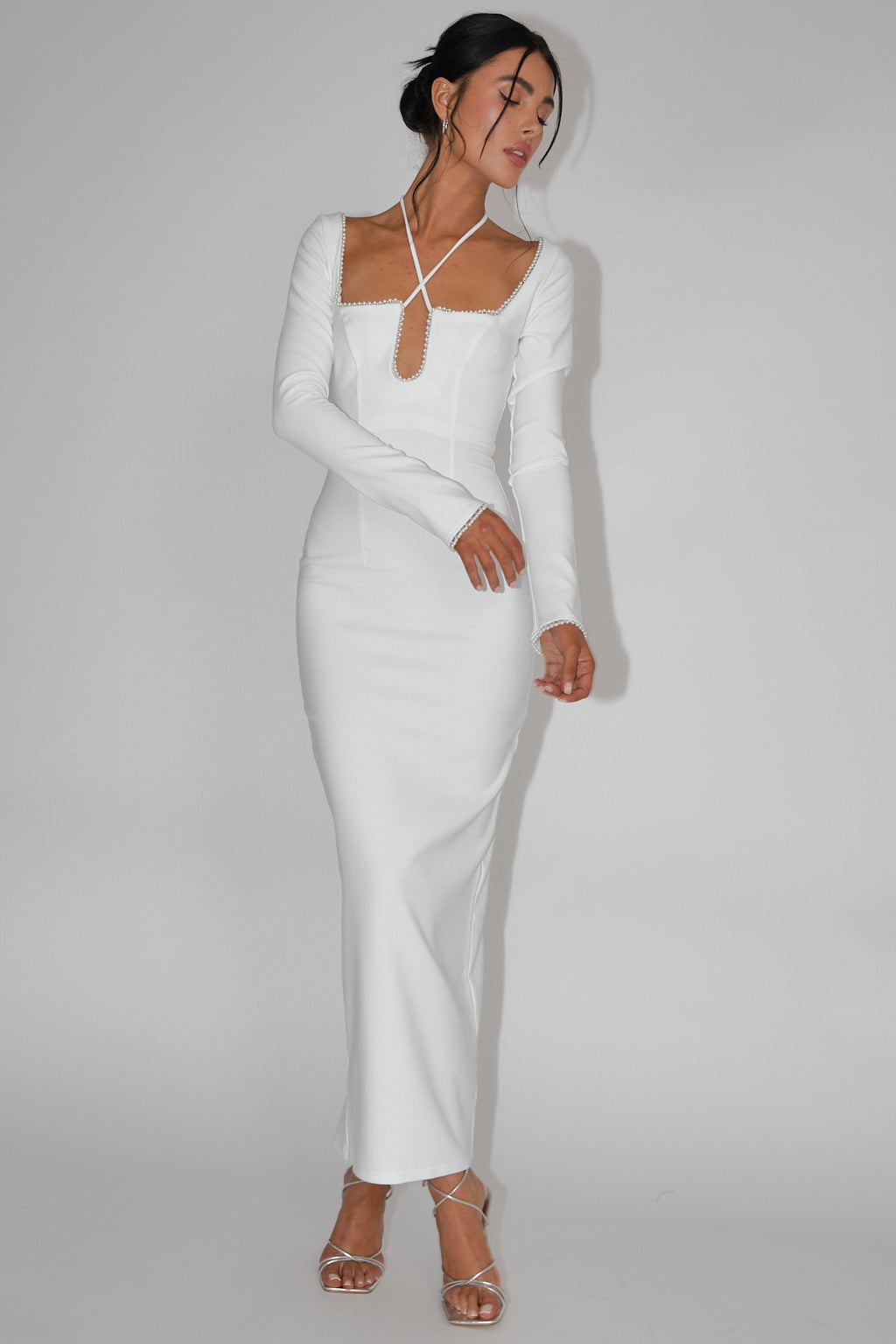 Samantha Pearl Trim Midi Dress White by Selfie Leslie Australia