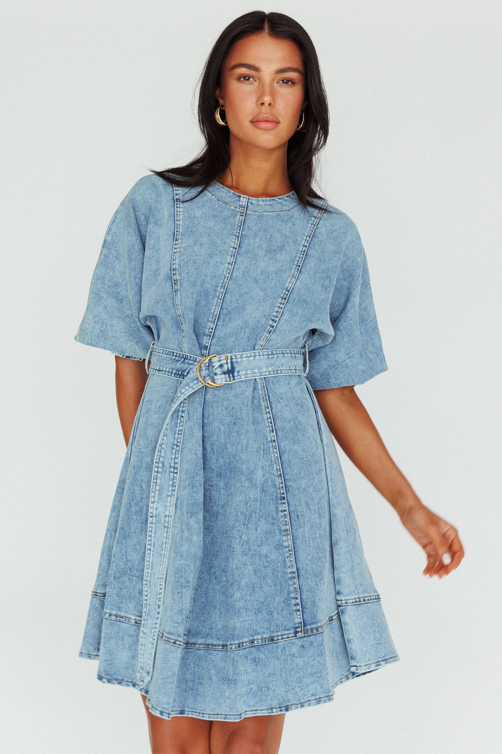 Cadijah Puff Sleeve Belted Mini Dress Denim Blue by Selfie Leslie Australia