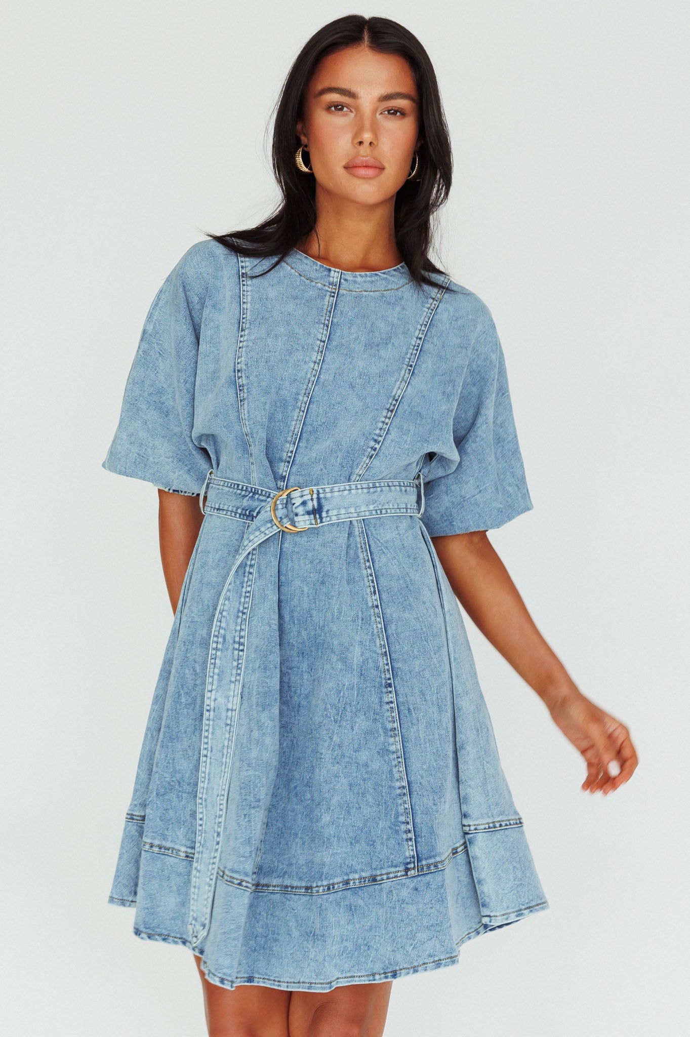 Cadijah Puff Sleeve Belted Mini Dress Denim Blue by Selfie Leslie Australia