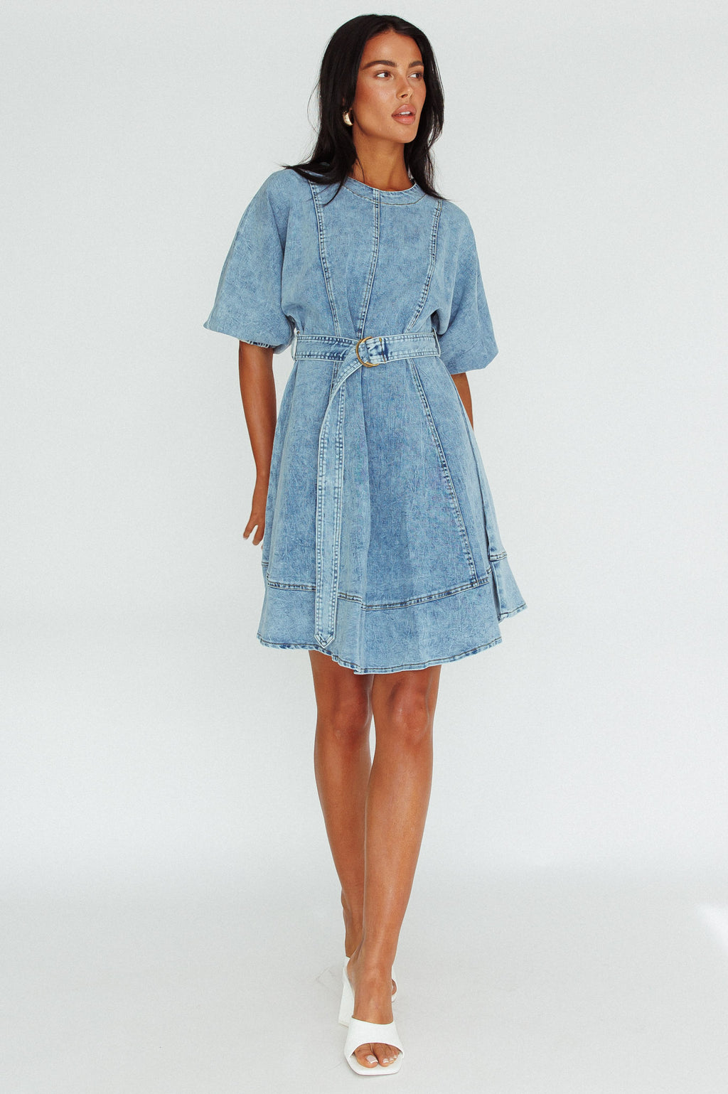 Cadijah Puff Sleeve Belted Mini Dress Denim Blue by Selfie Leslie Australia