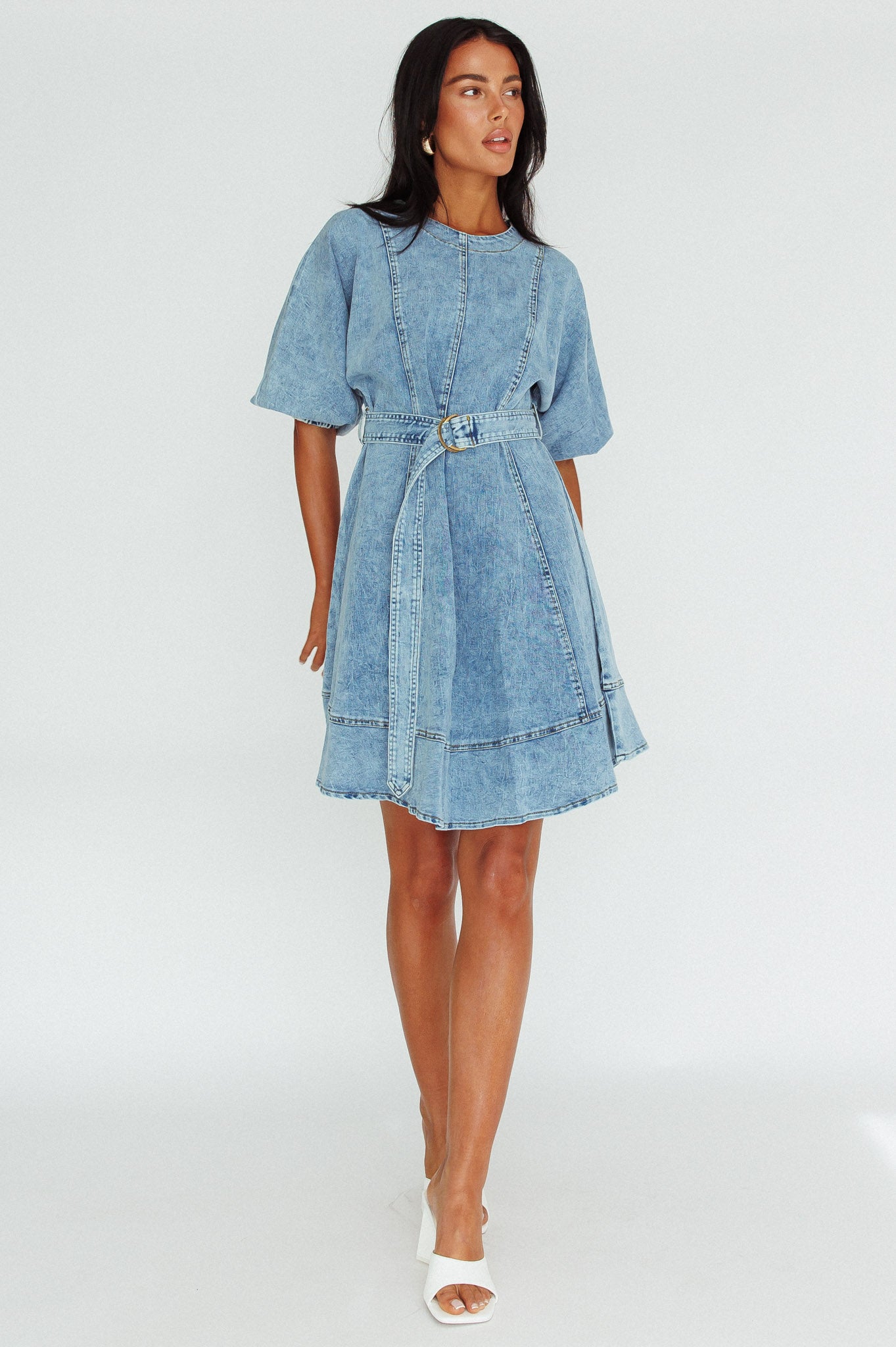 Cadijah Puff Sleeve Belted Mini Dress Denim Blue by Selfie Leslie Australia