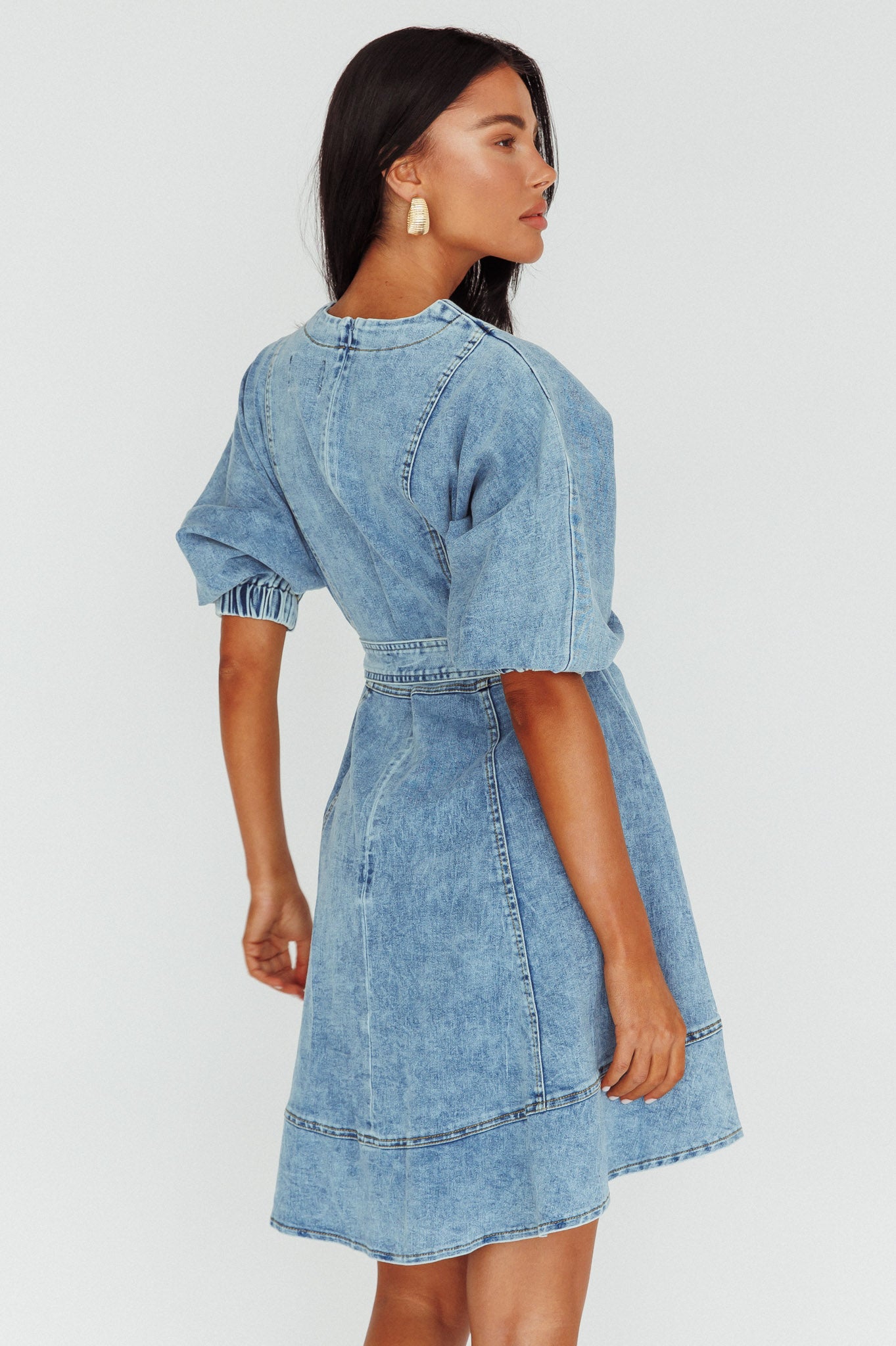 Cadijah Puff Sleeve Belted Mini Dress Denim Blue by Selfie Leslie Australia