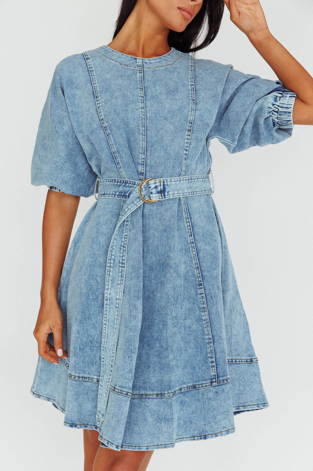 Cadijah Puff Sleeve Belted Mini Dress Denim Blue by Selfie Leslie Australia
