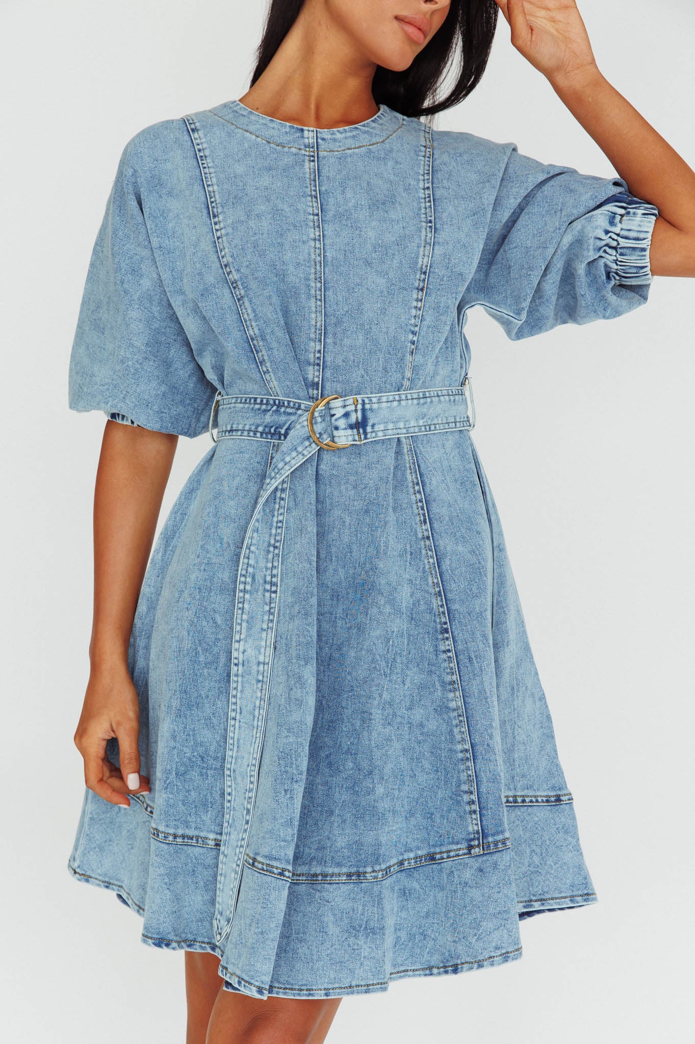 Cadijah Puff Sleeve Belted Mini Dress Denim Blue by Selfie Leslie Australia