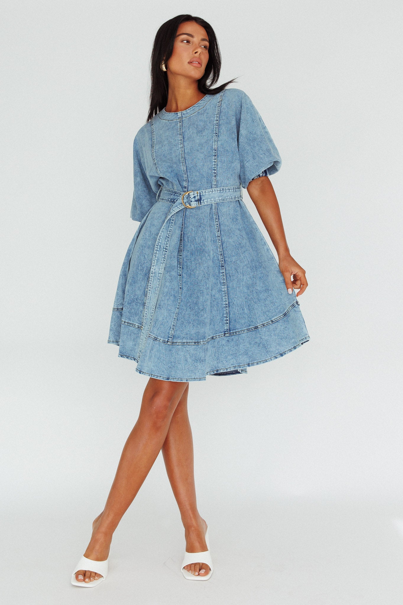Cadijah Puff Sleeve Belted Mini Dress Denim Blue by Selfie Leslie Australia