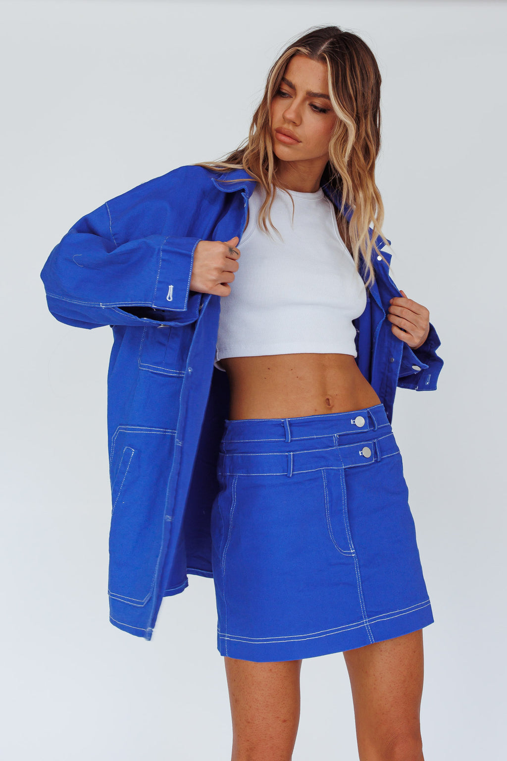 With The Band Accent Stitch Mini Skirt Blue by Selfie Leslie Australia