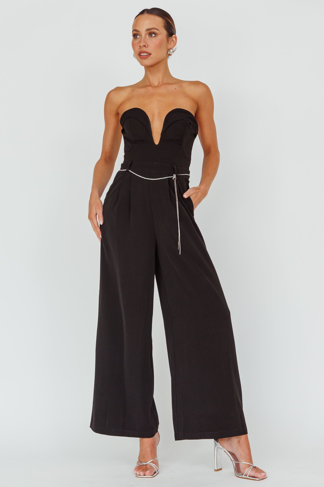 Kayte Strapless Belted Waist Jumpsuit Black by Selfie Leslie Australia