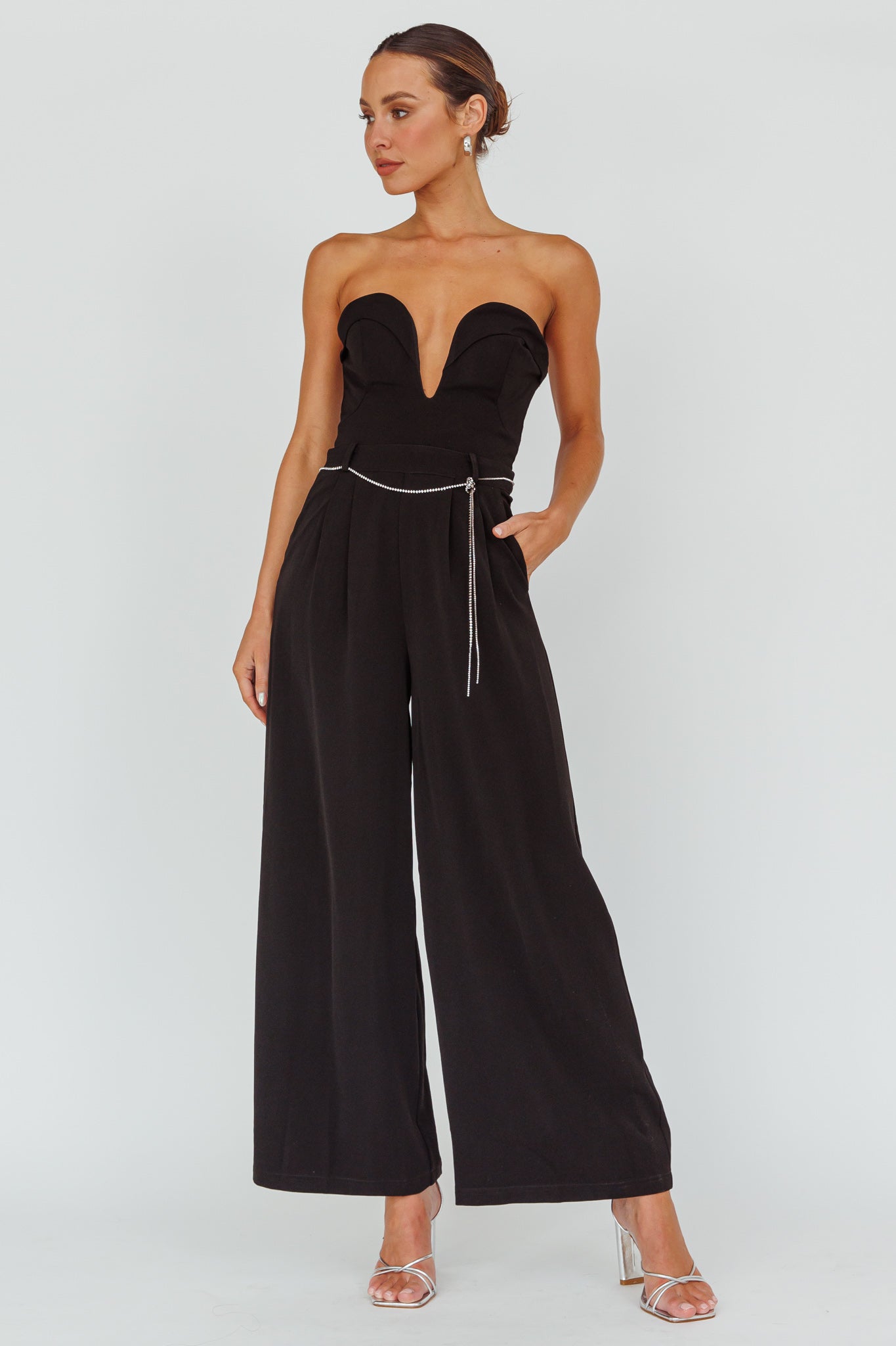Kayte Strapless Belted Waist Jumpsuit Black by Selfie Leslie Australia