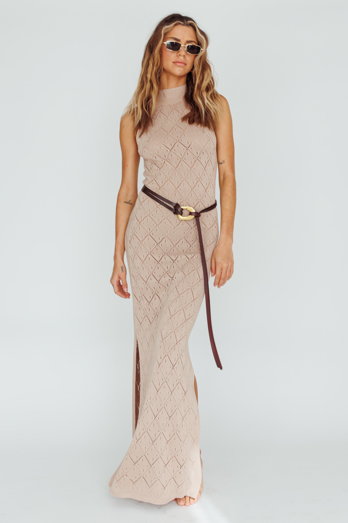 Elisa Sleeveless Crochet Maxi Dress Beige by Selfie Leslie Australia