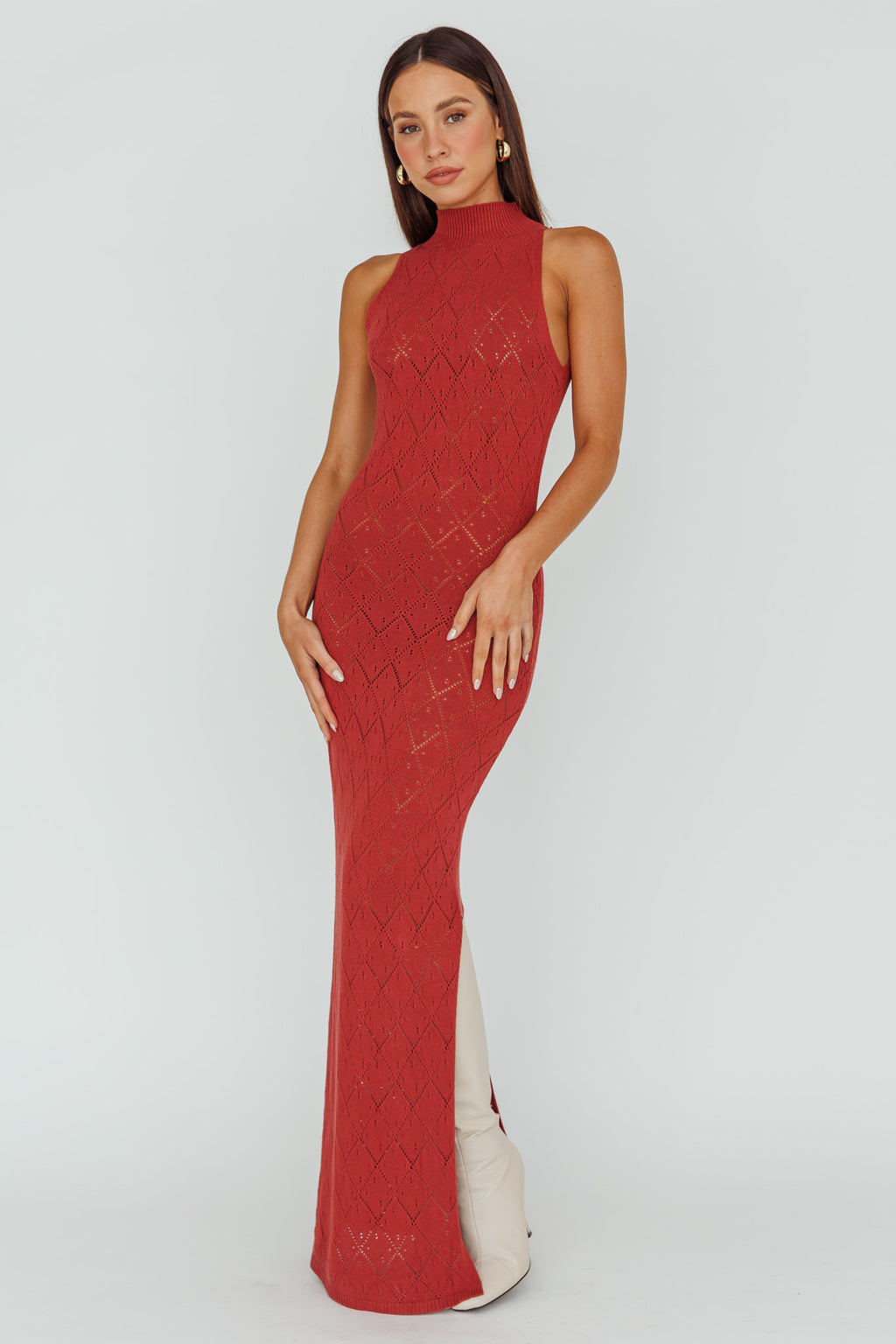 Elisa Sleeveless Crochet Maxi Dress Berry by Selfie Leslie Australia