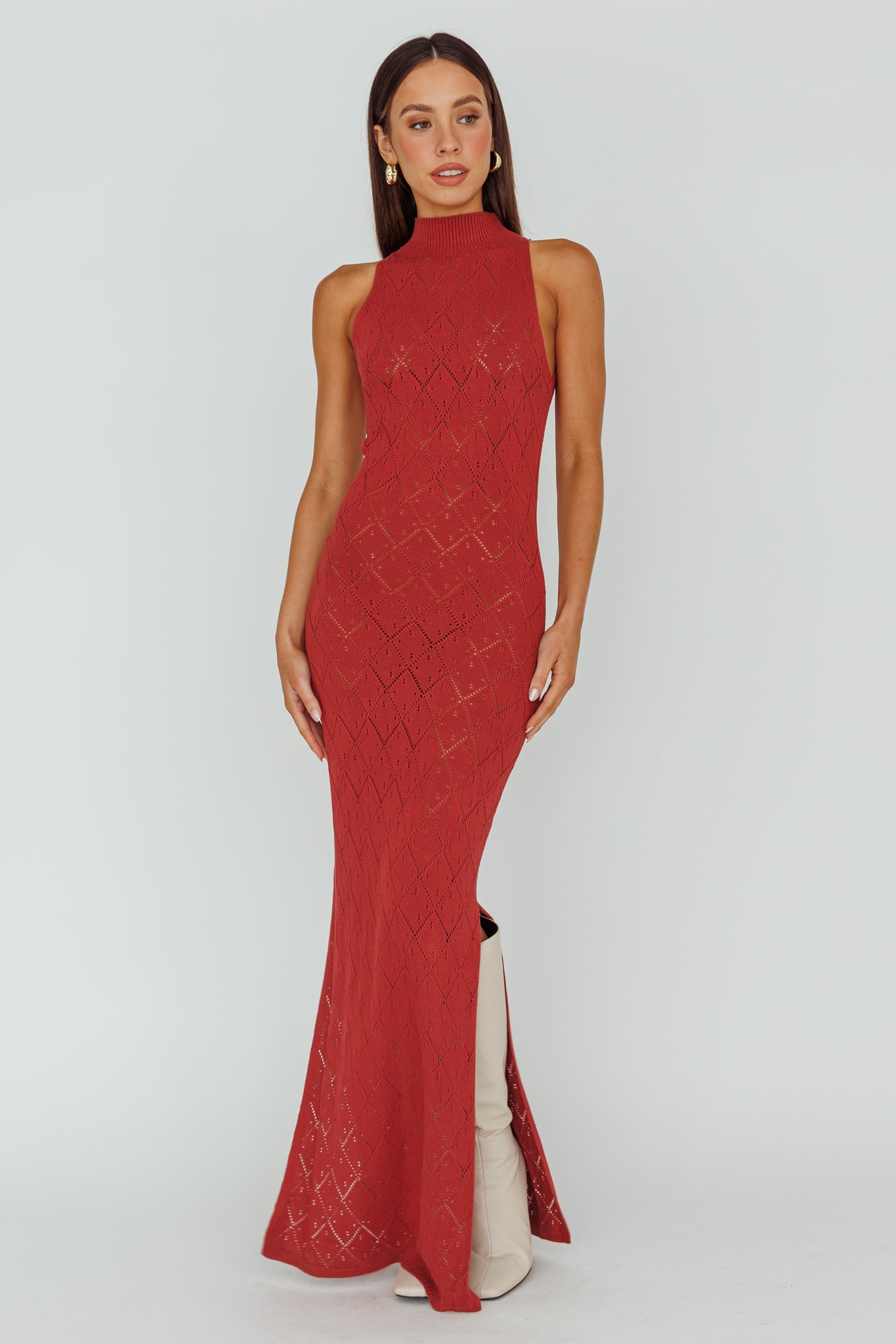 Elisa Sleeveless Crochet Maxi Dress Berry by Selfie Leslie Australia