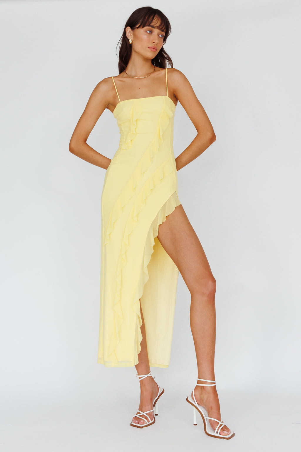 Catriona Split Ruffle Midi Dress Lemon by Selfie Leslie Australia
