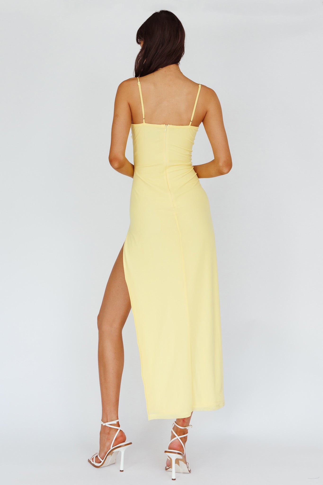 Catriona Split Ruffle Midi Dress Lemon by Selfie Leslie Australia