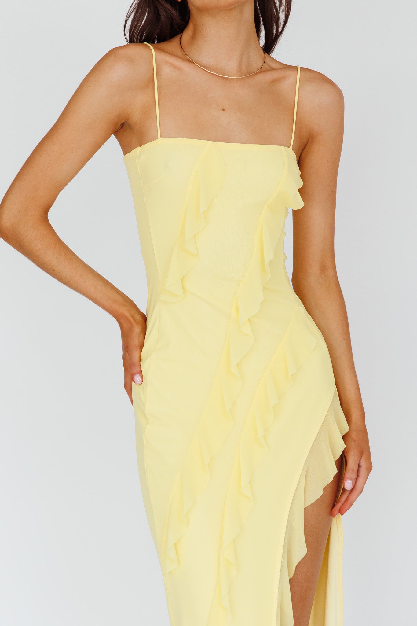 Catriona Split Ruffle Midi Dress Lemon by Selfie Leslie Australia