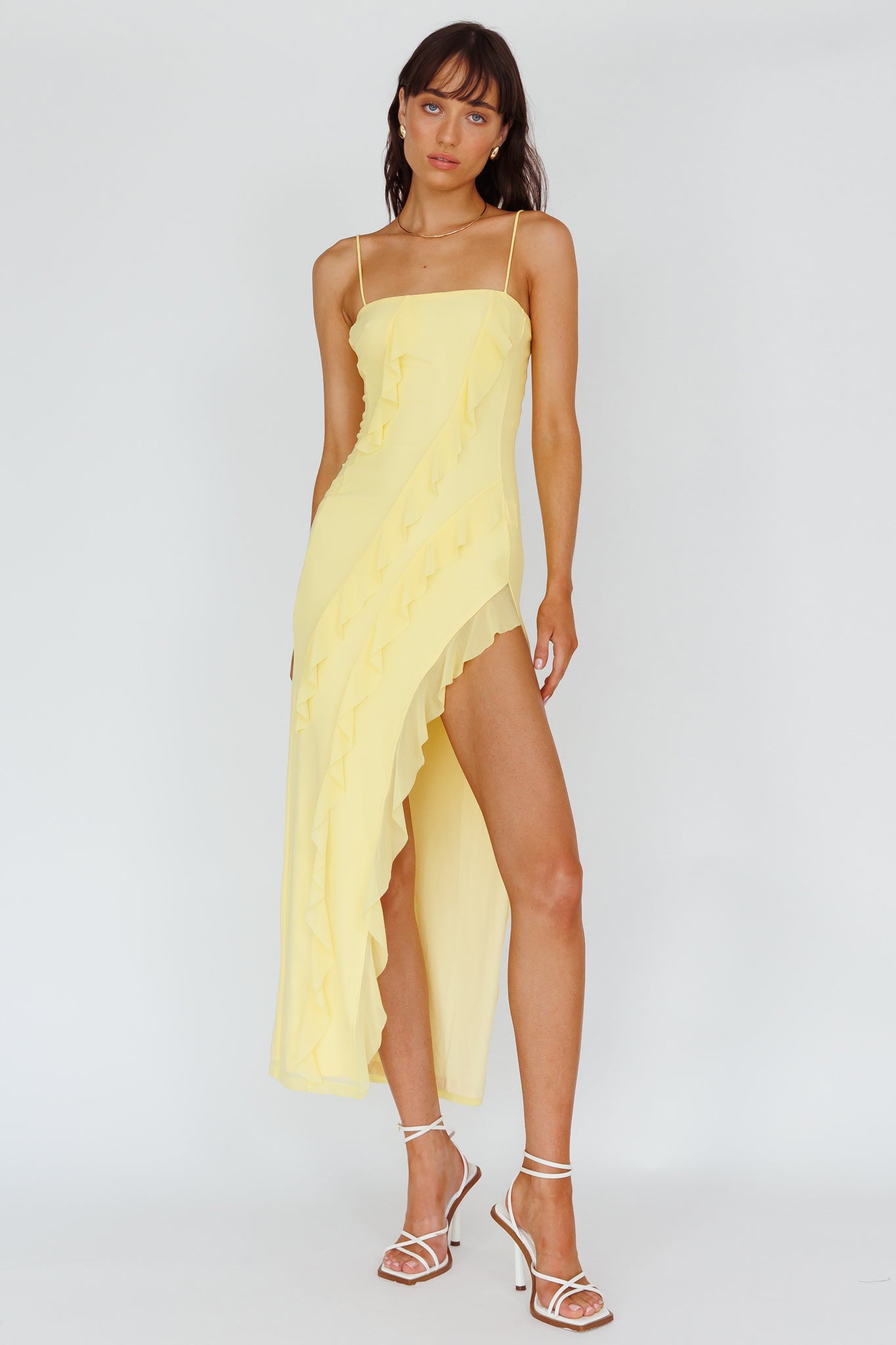 Catriona Split Ruffle Midi Dress Lemon by Selfie Leslie Australia