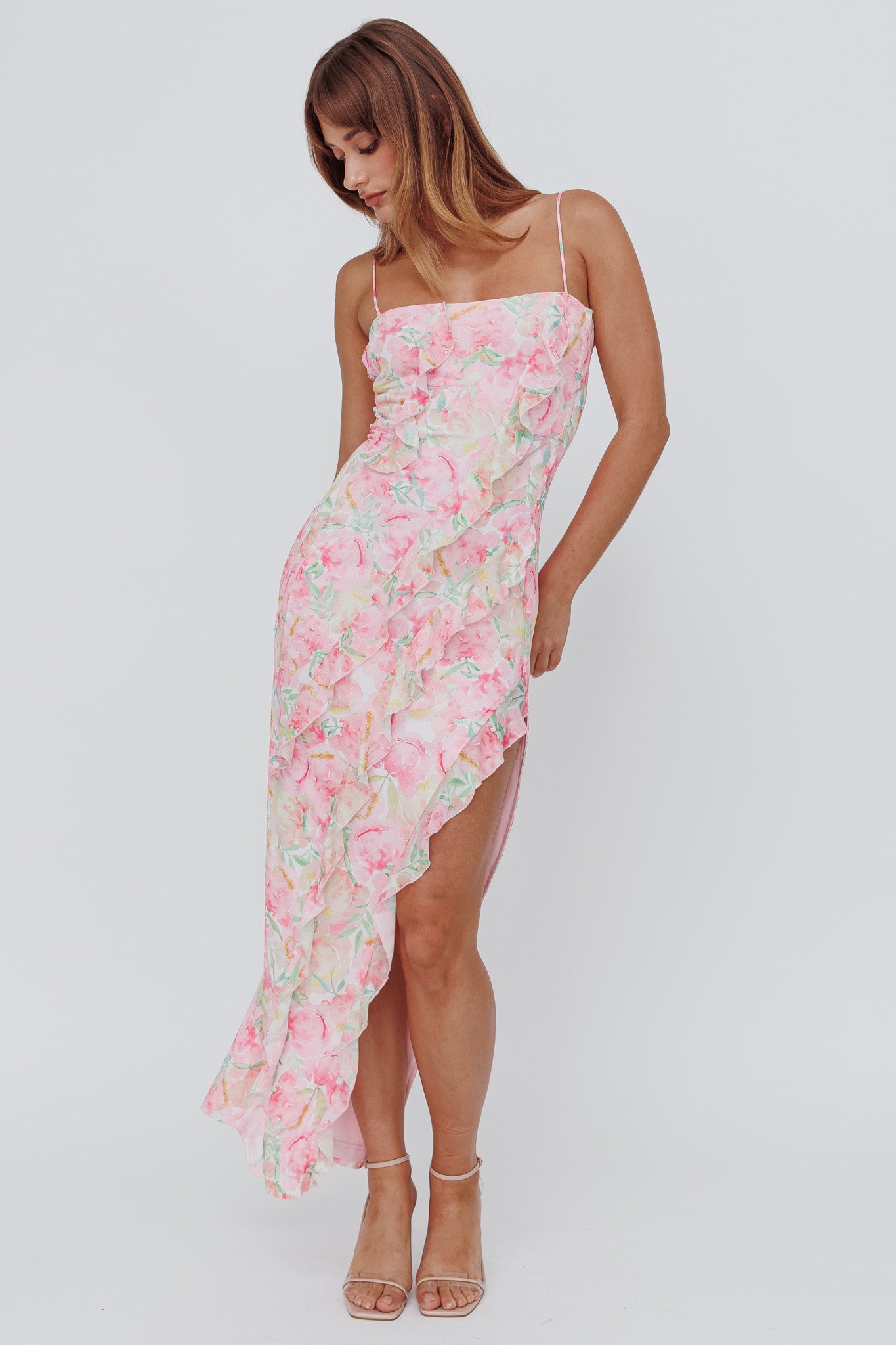 Catriona Split Ruffle Midi Dress Floral Yellow by Selfie Leslie Australia