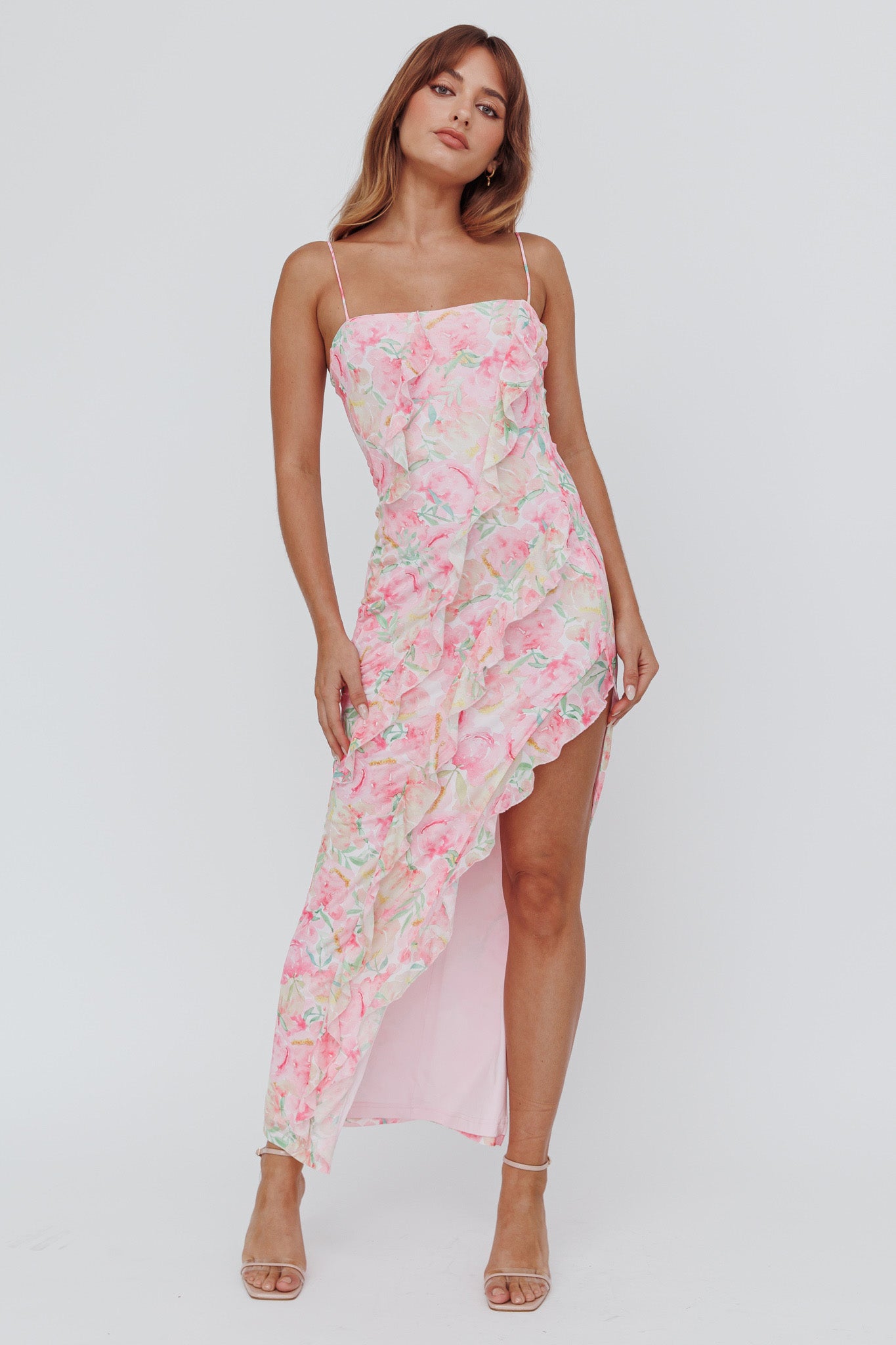Catriona Split Ruffle Midi Dress Floral Yellow by Selfie Leslie Australia