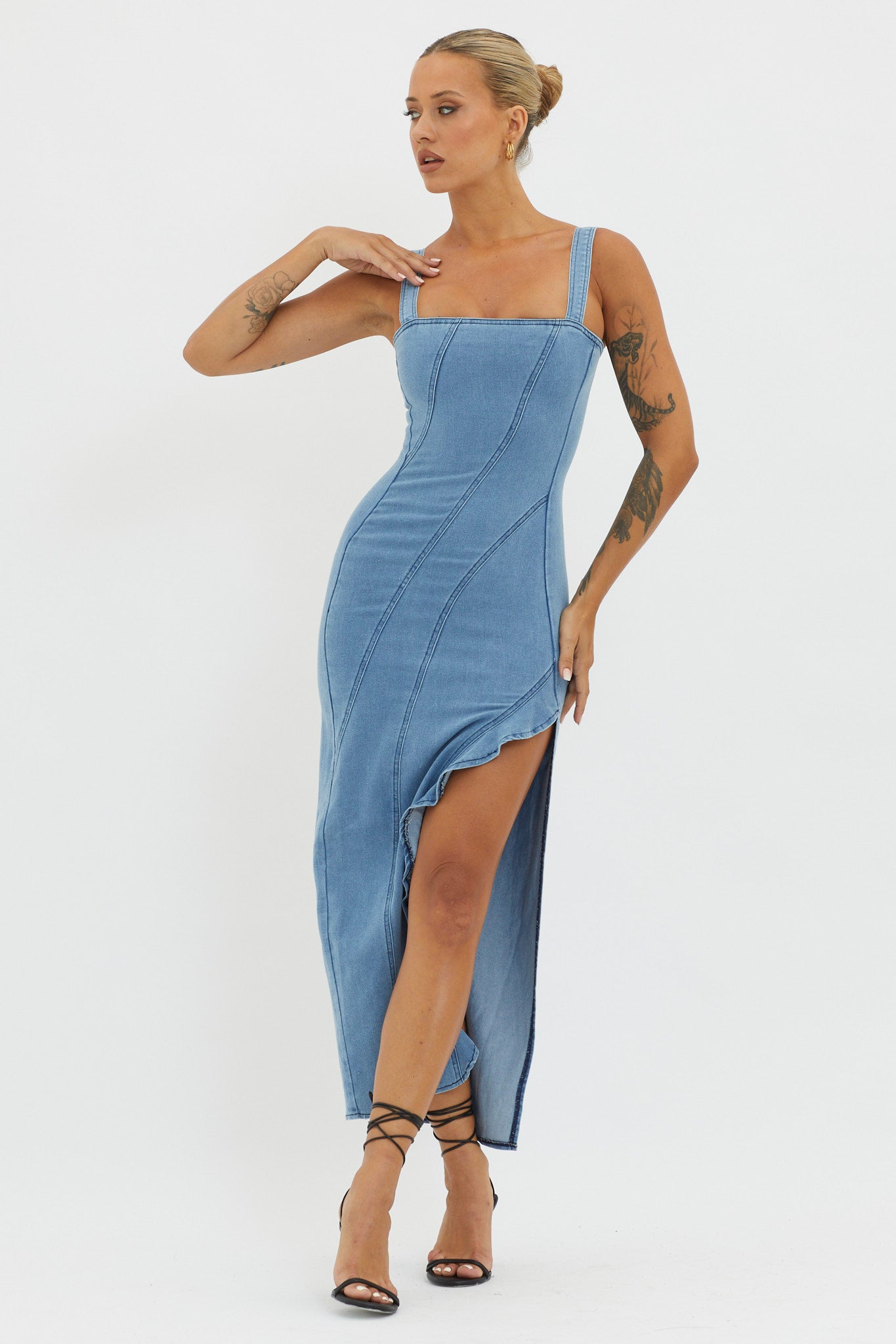 Catriona Ruffle Split Midi Dress Denim by Selfie Leslie Australia