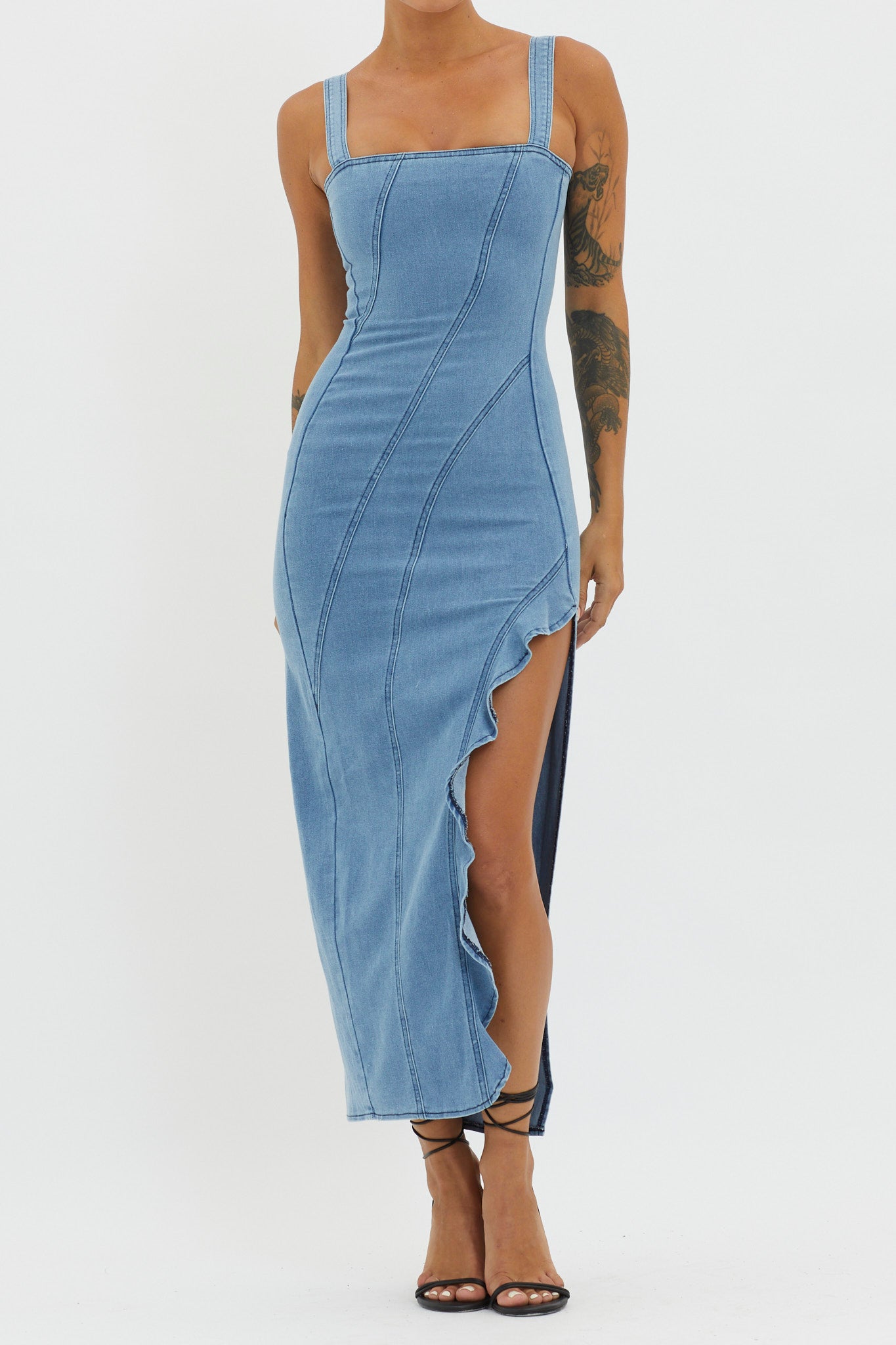 Catriona Ruffle Split Midi Dress Denim by Selfie Leslie Australia