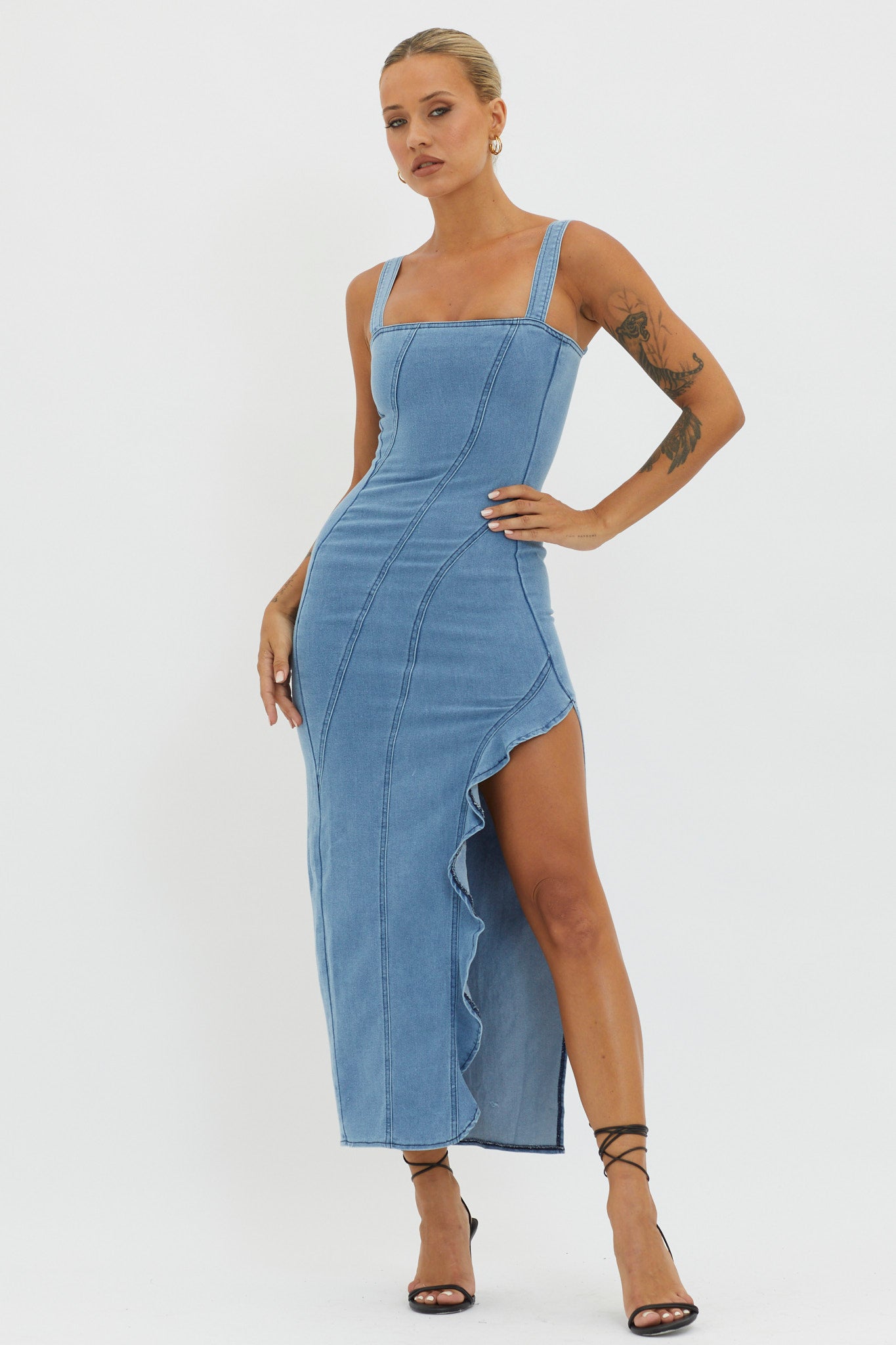 Catriona Ruffle Split Midi Dress Denim by Selfie Leslie Australia