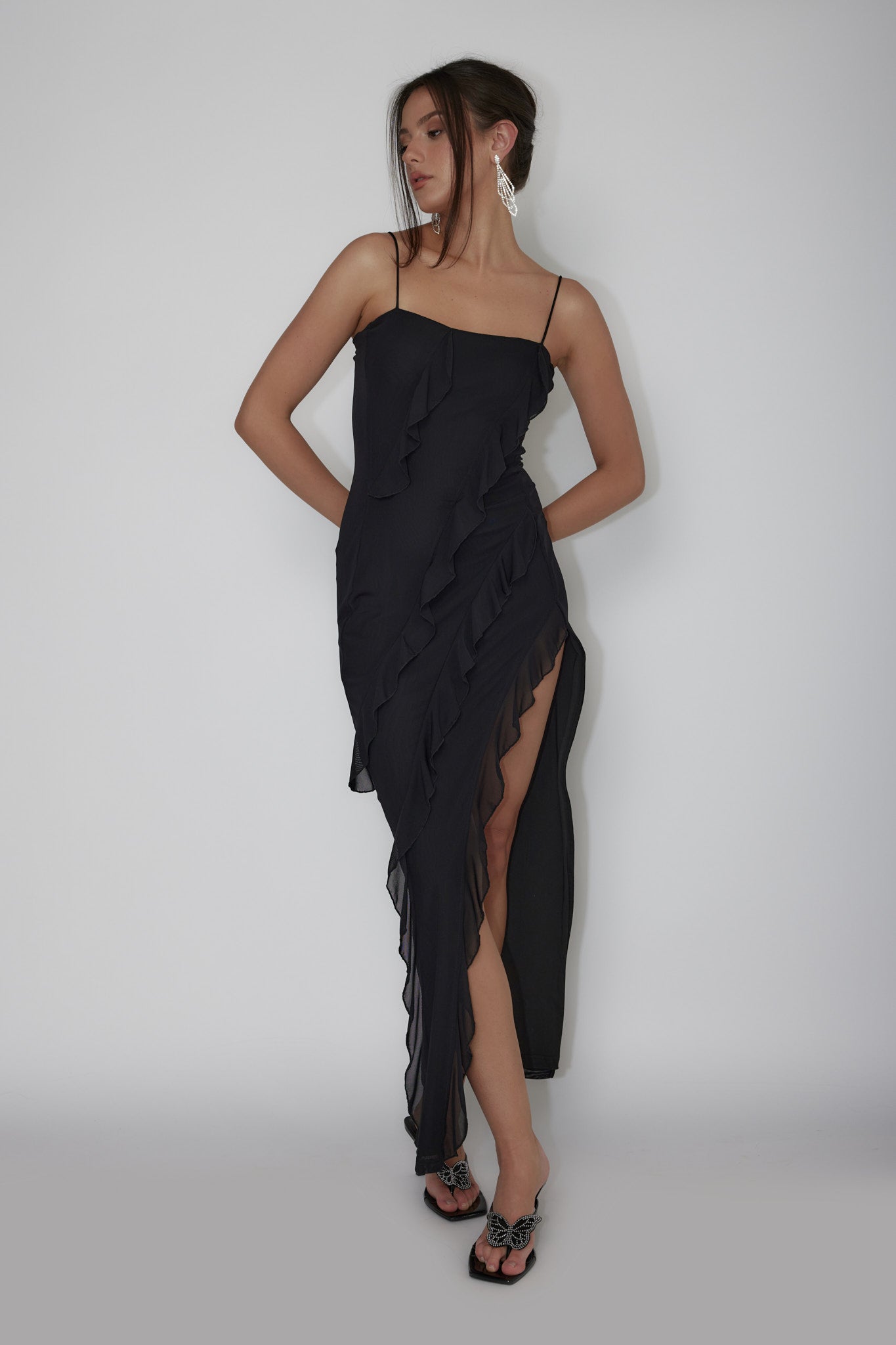 Catriona Split Ruffle Midi Dress Black by Selfie Leslie Australia