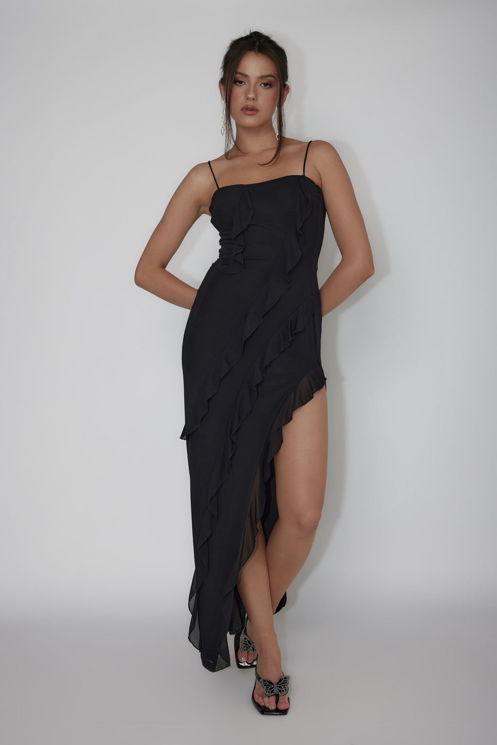 Catriona Split Ruffle Midi Dress Black by Selfie Leslie Australia