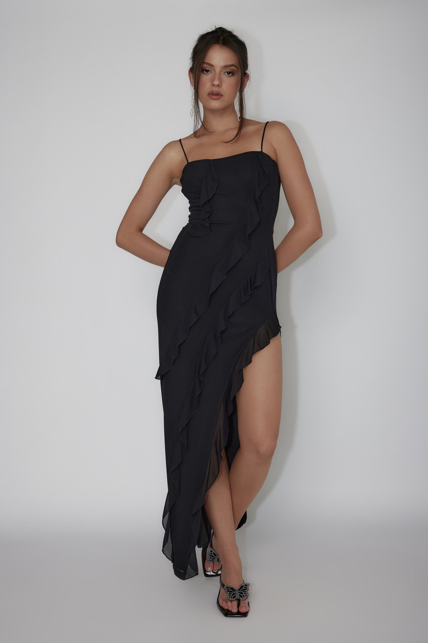 Catriona Split Ruffle Midi Dress Black by Selfie Leslie Australia