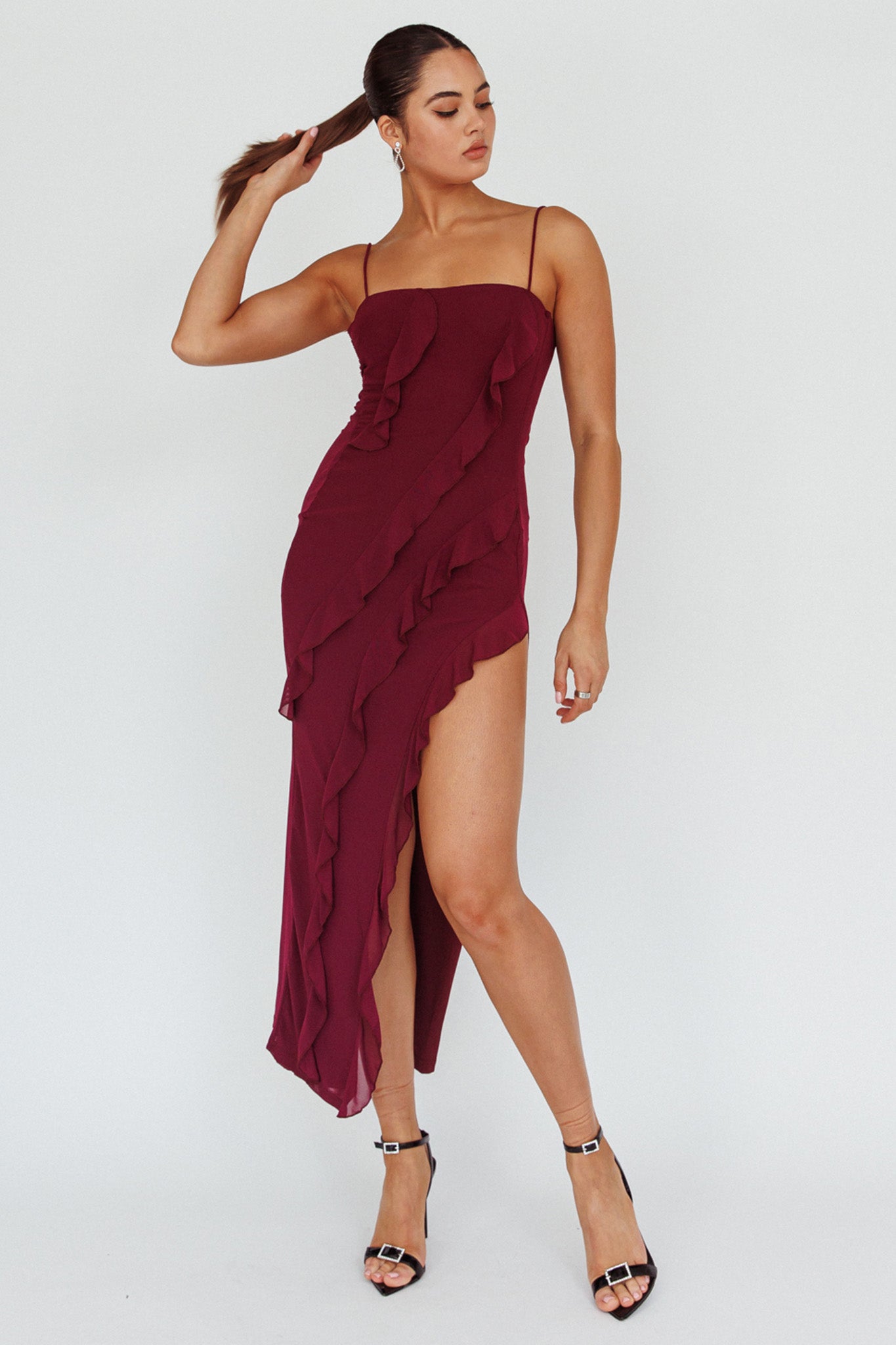 Catriona Split Ruffle Midi Dress Grape by Selfie Leslie Australia