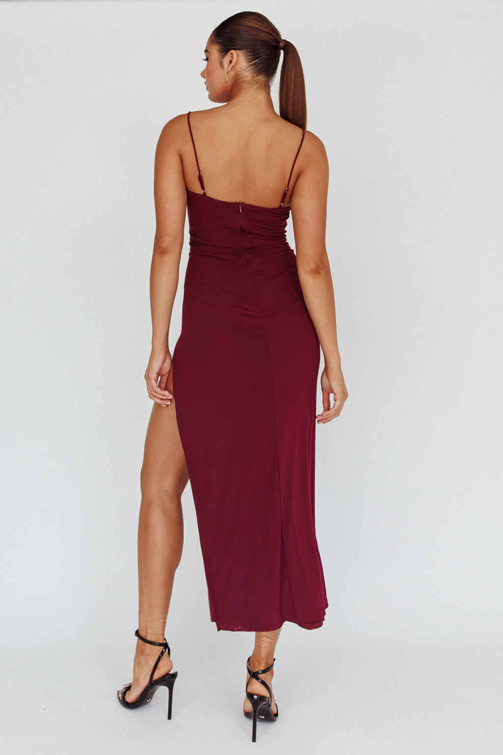 Catriona Split Ruffle Midi Dress Grape by Selfie Leslie Australia