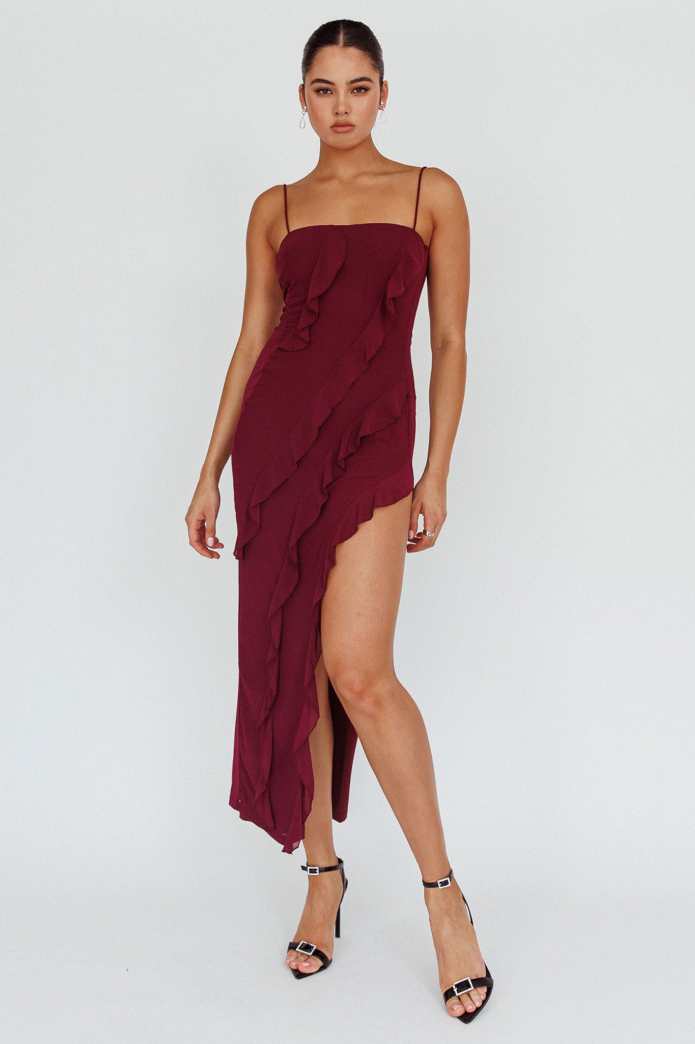 Catriona Split Ruffle Midi Dress Grape by Selfie Leslie Australia