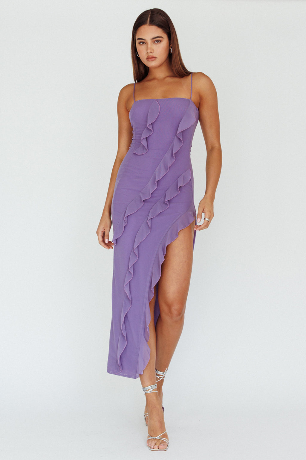 Catriona Split Ruffle Midi Dress Mauve by Selfie Leslie Australia