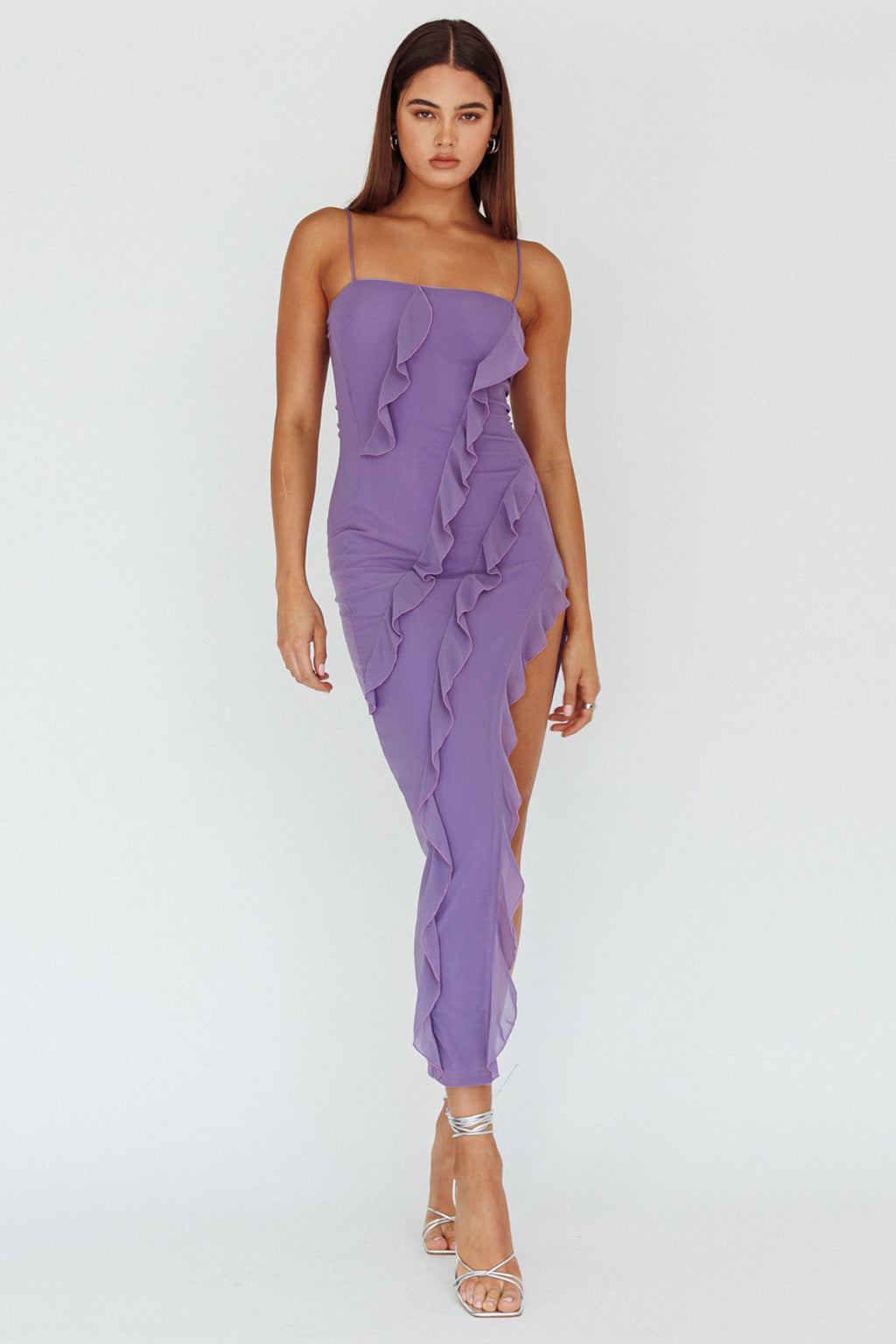 Catriona Split Ruffle Midi Dress Mauve by Selfie Leslie Australia