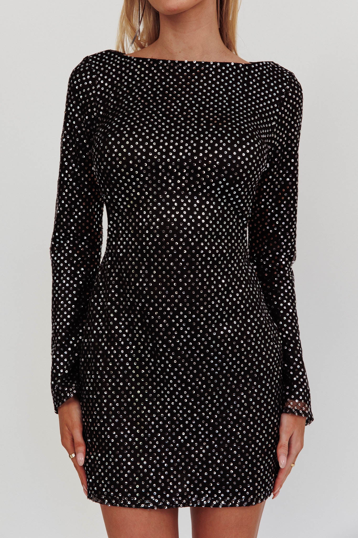 Lakshmi Long Sleeve Open Back Mini Dress Spangle Black by Selfie Leslie Australia