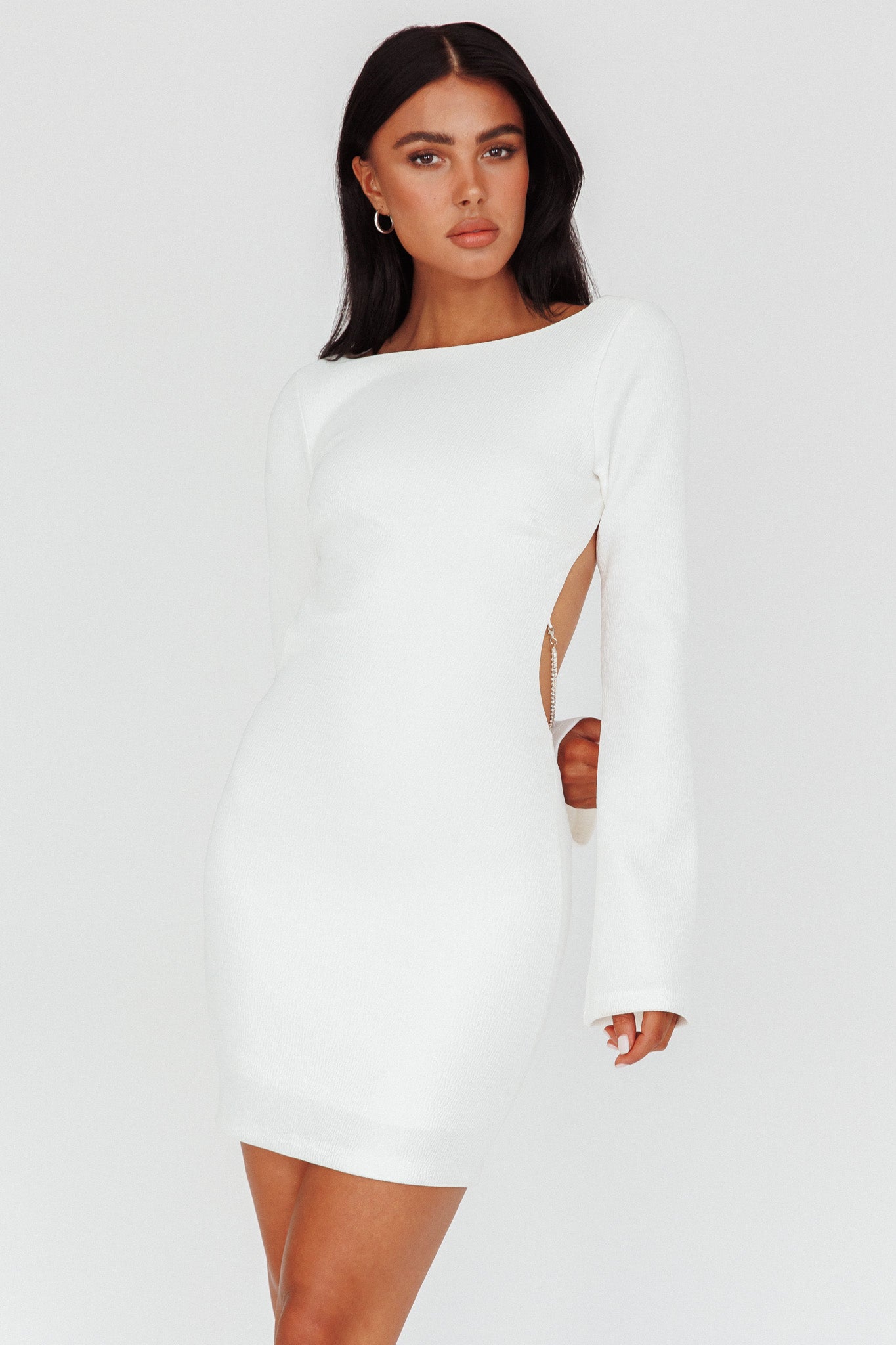 Lakshmi Long Sleeve Open Back Mini Dress White by Selfie Leslie Australia