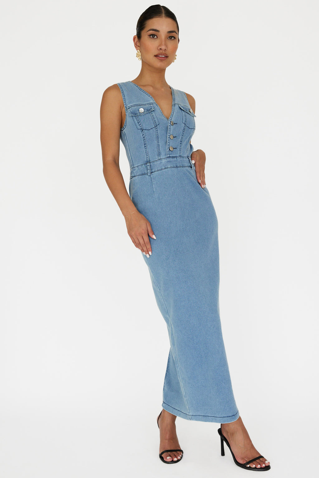 Jazelle Sleeveless Button Front Maxi Dress Denim by Selfie Leslie Australia