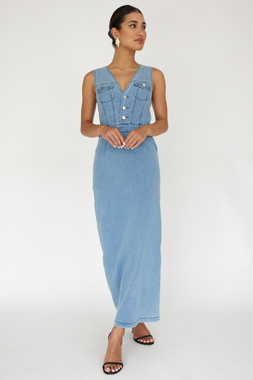 Jazelle Sleeveless Button Front Maxi Dress Denim by Selfie Leslie Australia