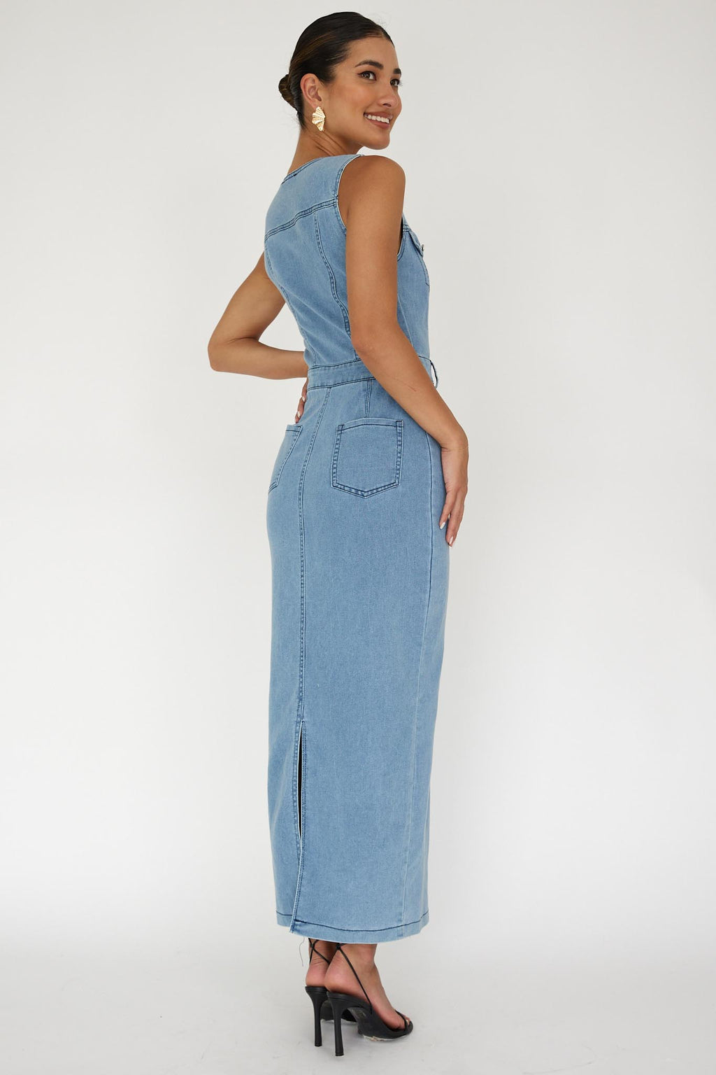 Jazelle Sleeveless Button Front Maxi Dress Denim by Selfie Leslie Australia