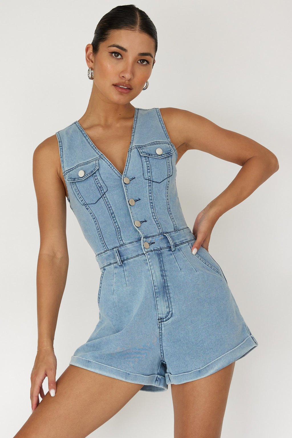 Jazelle Button Front Romper Denim by Selfie Leslie Australia