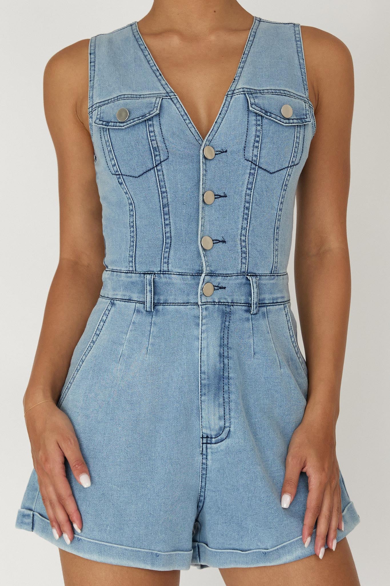 Jazelle Button Front Romper Denim by Selfie Leslie Australia
