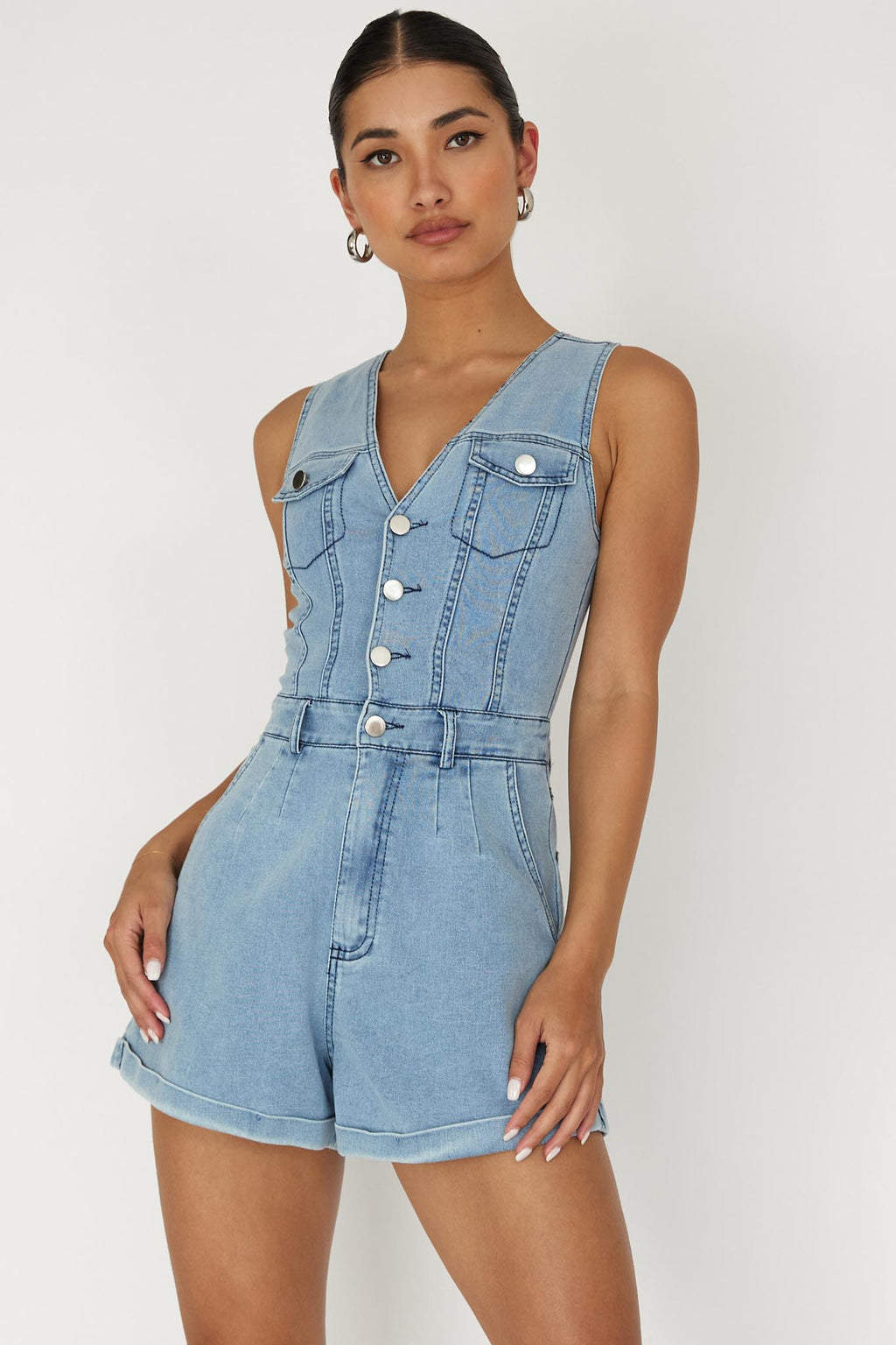 Jazelle Button Front Romper Denim by Selfie Leslie Australia