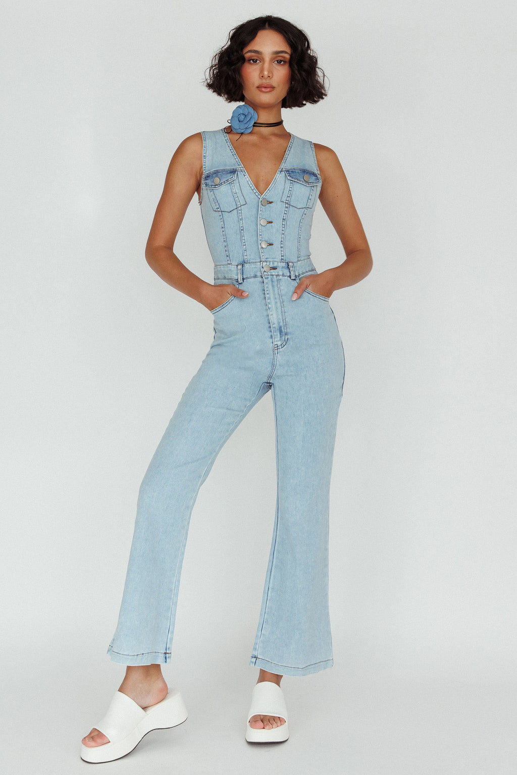 Jazelle Button Front Jumpsuit Washed Blue by Selfie Leslie Australia