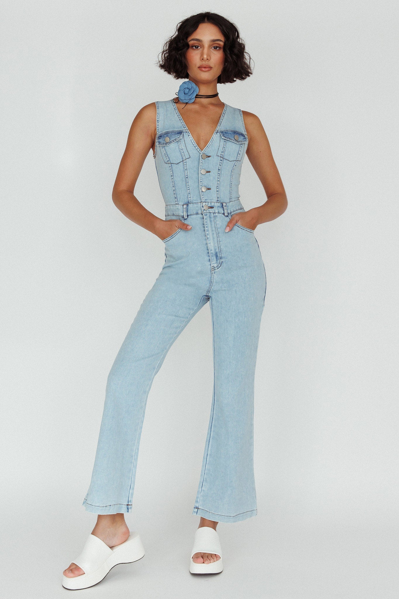 Jazelle Button Front Jumpsuit Washed Blue by Selfie Leslie Australia