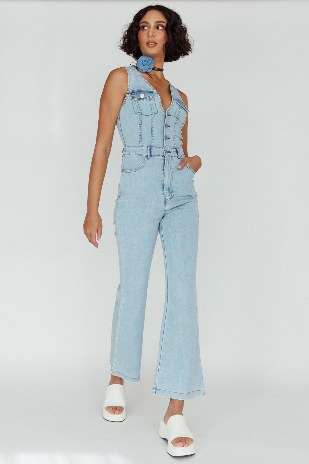 Jazelle Button Front Jumpsuit Washed Blue by Selfie Leslie Australia