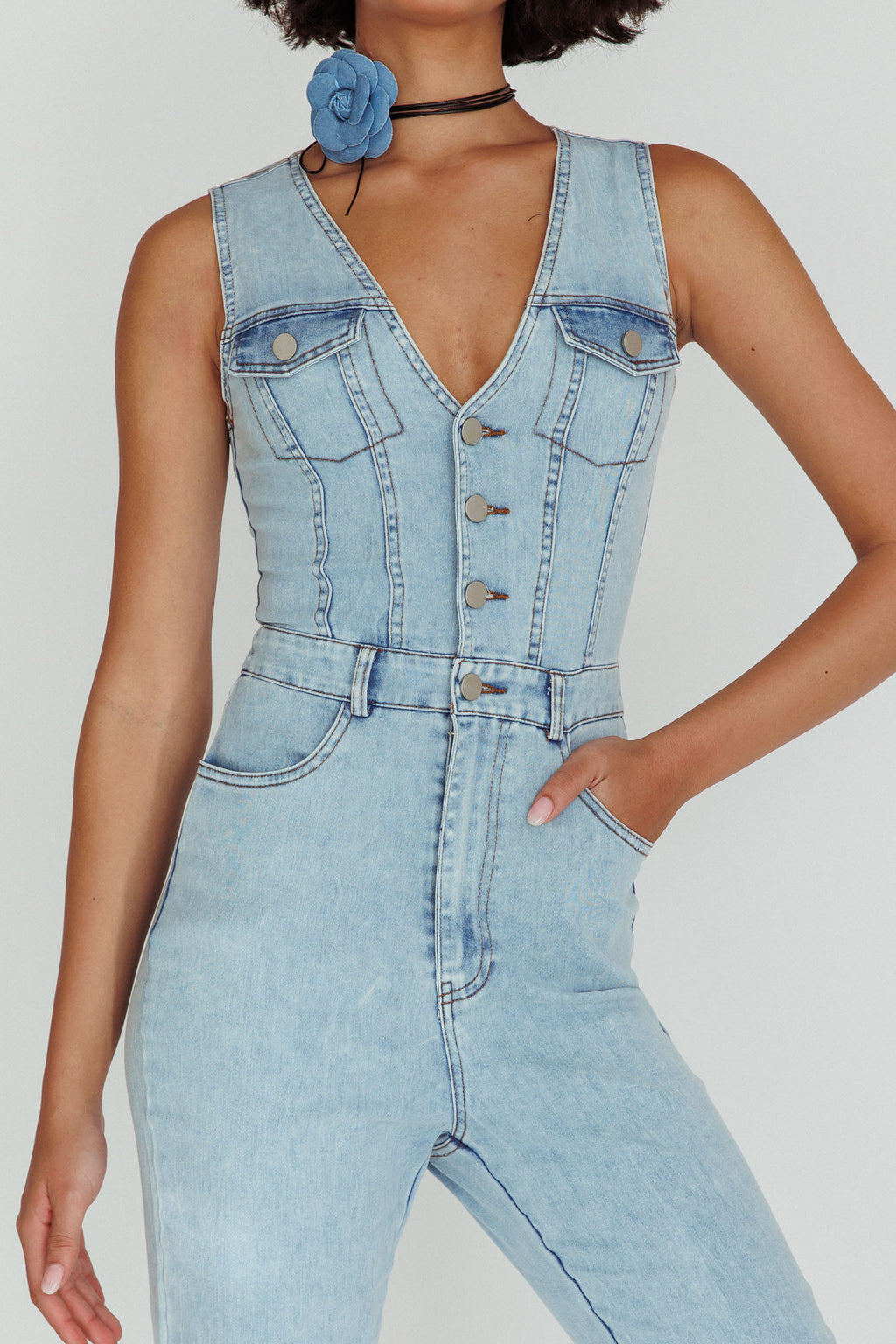 Jazelle Button Front Jumpsuit Washed Blue by Selfie Leslie Australia